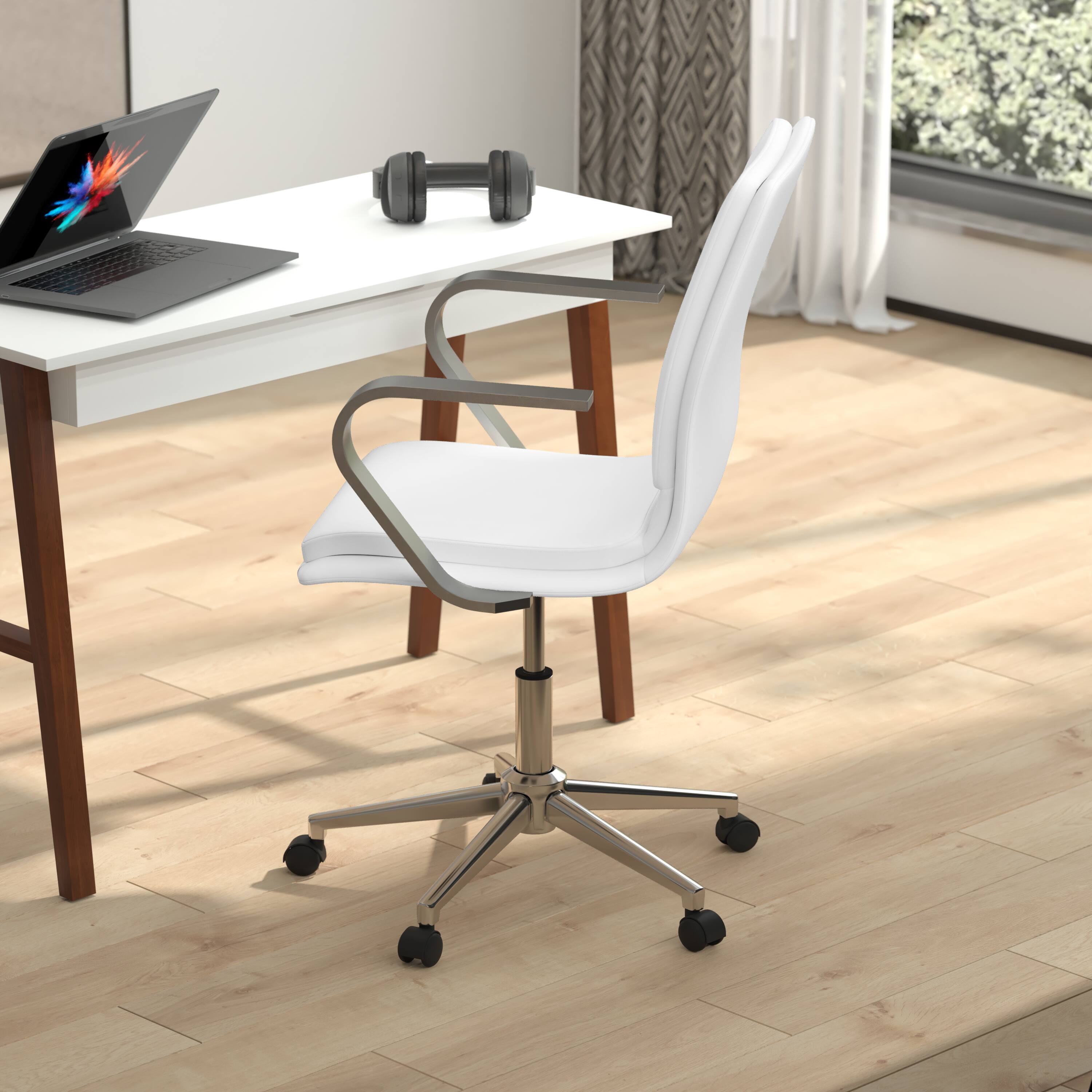 Alt View 3. Emma + Oliver - Ziva Modern Upholstered Mid-Back Home Office Chair with Arms and 5 Star Base - White LeatherSoft/Chrome Frame.