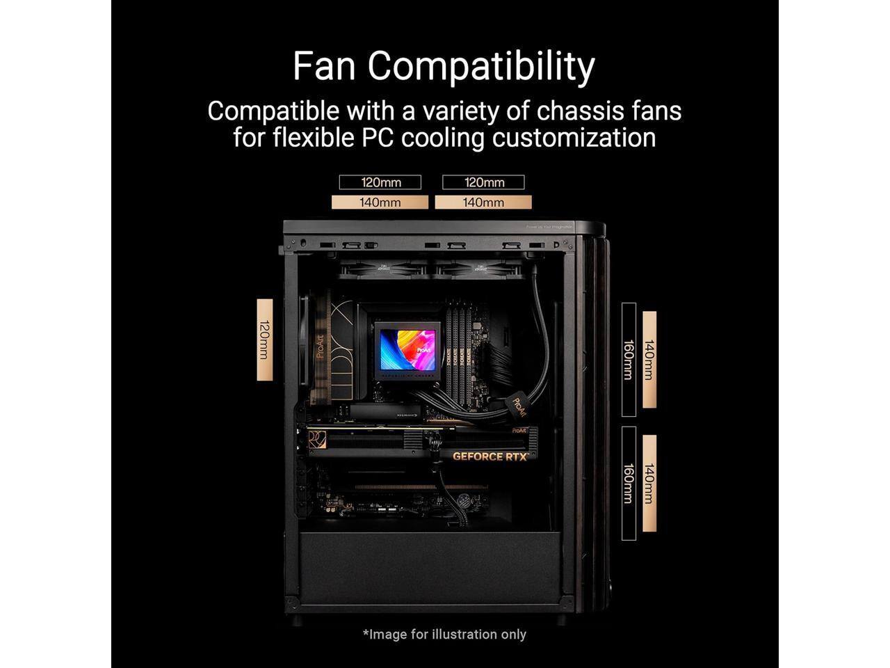 Fan Compatibility  
Compatible with a variety of chassis fans for flexible PC cooling customization  
120mm 140mm 120mm 140mm 120mm ProArt ProArt no 160mm 140mm GEFORCE RTX 160mm 140mm  
*Image for illustration only