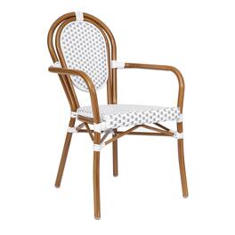 Emma + Oliver - Colmar Indoor/Outdoor Stacking Thonet Bistro Style Chair with Arms, PE Rattan Seat and Finished Metal Frame - White & Gray/Natural Frame