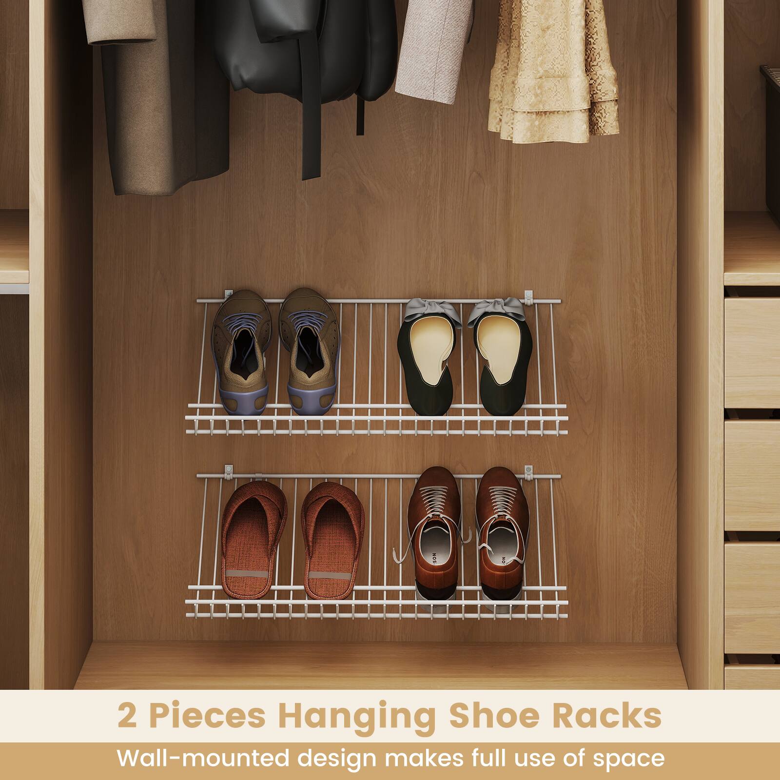 2 Pieces Hanging Shoe Racks  
Wall-mounted design makes full use of space