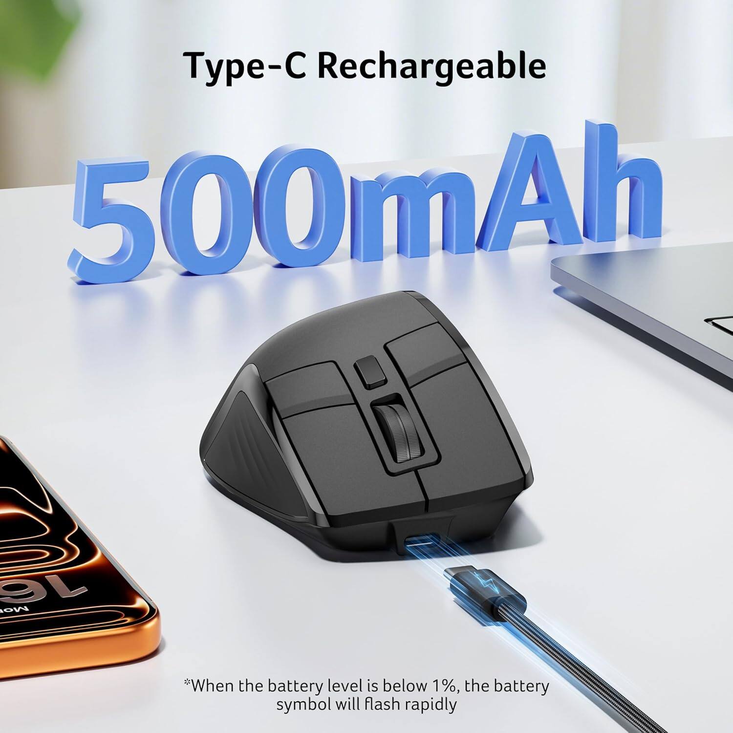 Type-C Rechargeable  
500mAh  

*When the battery level is below 1%, the battery symbol will flash rapidly