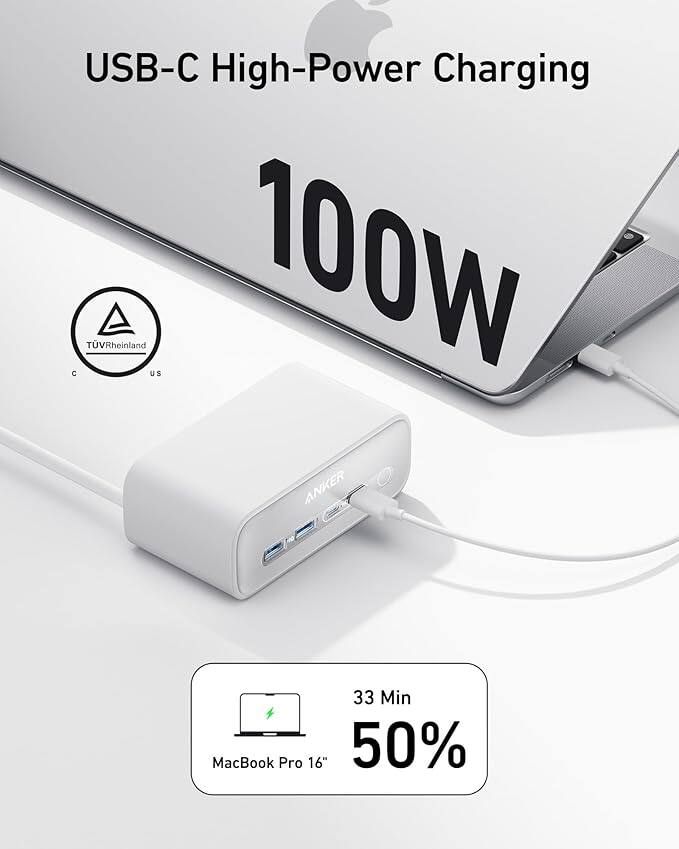 USB-C High-Power Charging  
100W  
TUVRheinland  
US  
ANKER  
33 Min  
MacBook Pro 16"  
50%