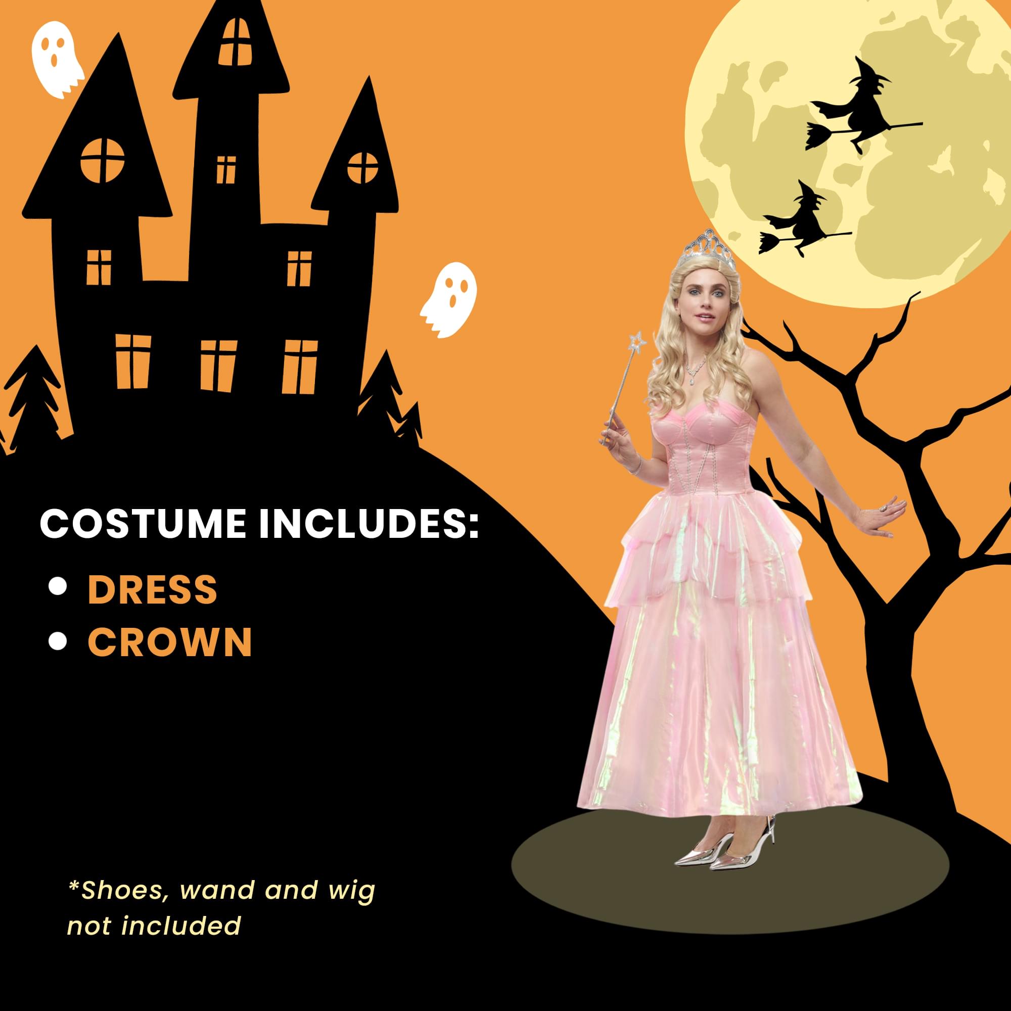 COSTUME INCLUDES:  
- DRESS  
- CROWN  

*Shoes, wand and wig not included