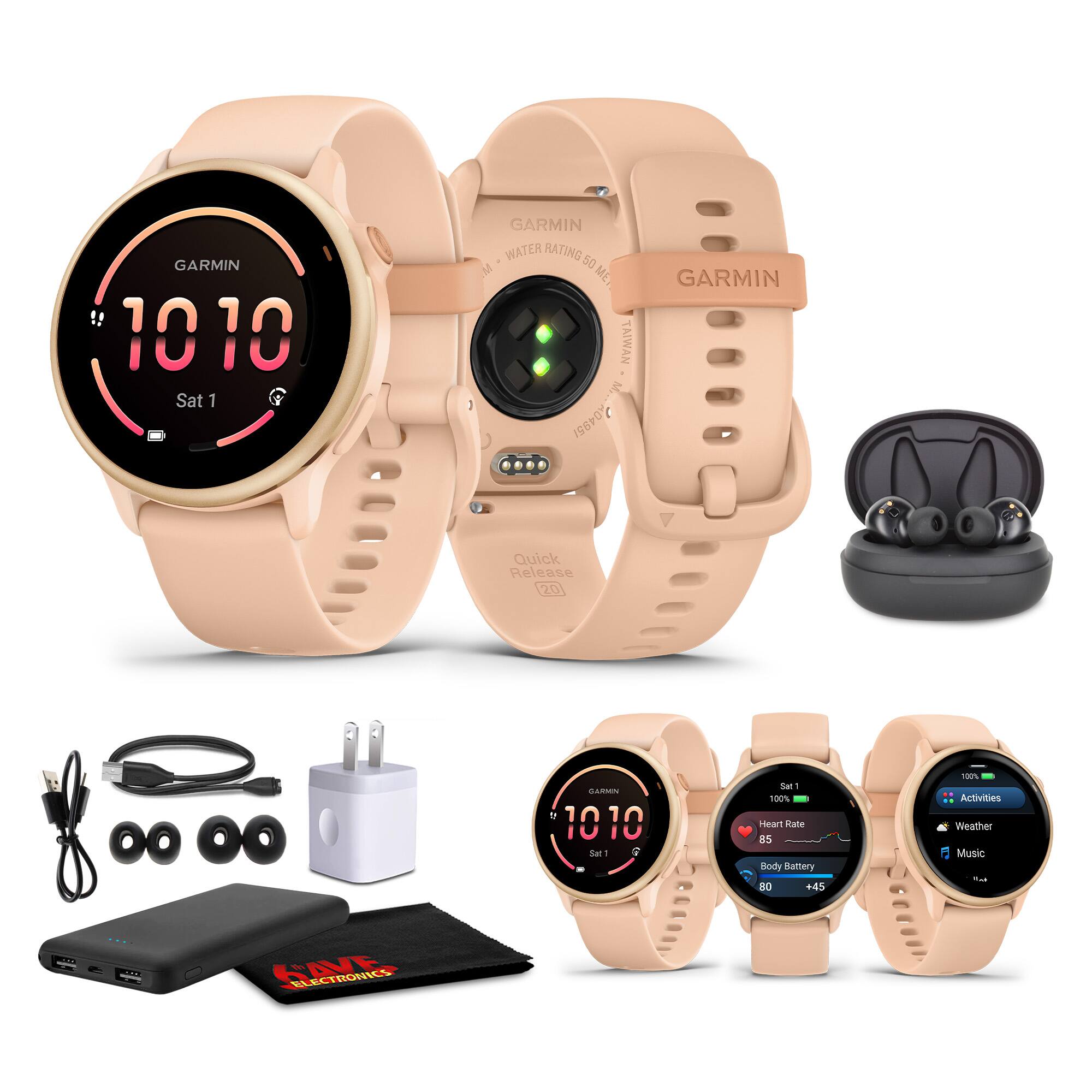 GARMIN 10 10 Sat 1 GARMIN WATER RATING M 50 ME MAWIAT F 04851 GARMIN Quick Release 20 CINN a 1010 Sat d San d 100% ninan Kate I5 body Battery 0 +45 v Activities weather Music -o  NAME W
