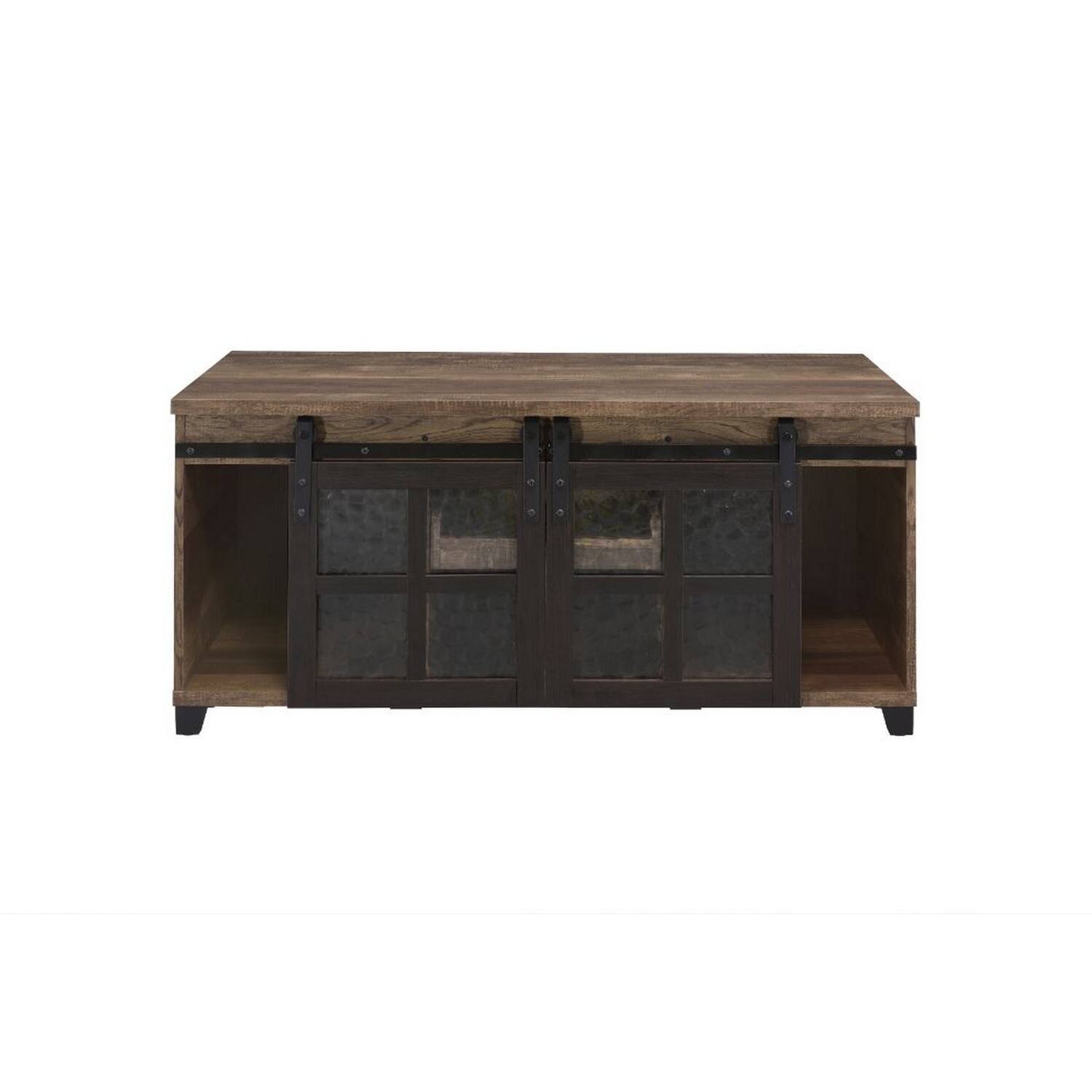 Alt View 1. Manhattan Lane - Coffee Table with 2 Barn Sliding Glass Doors and Pull Out Tray - Brown.