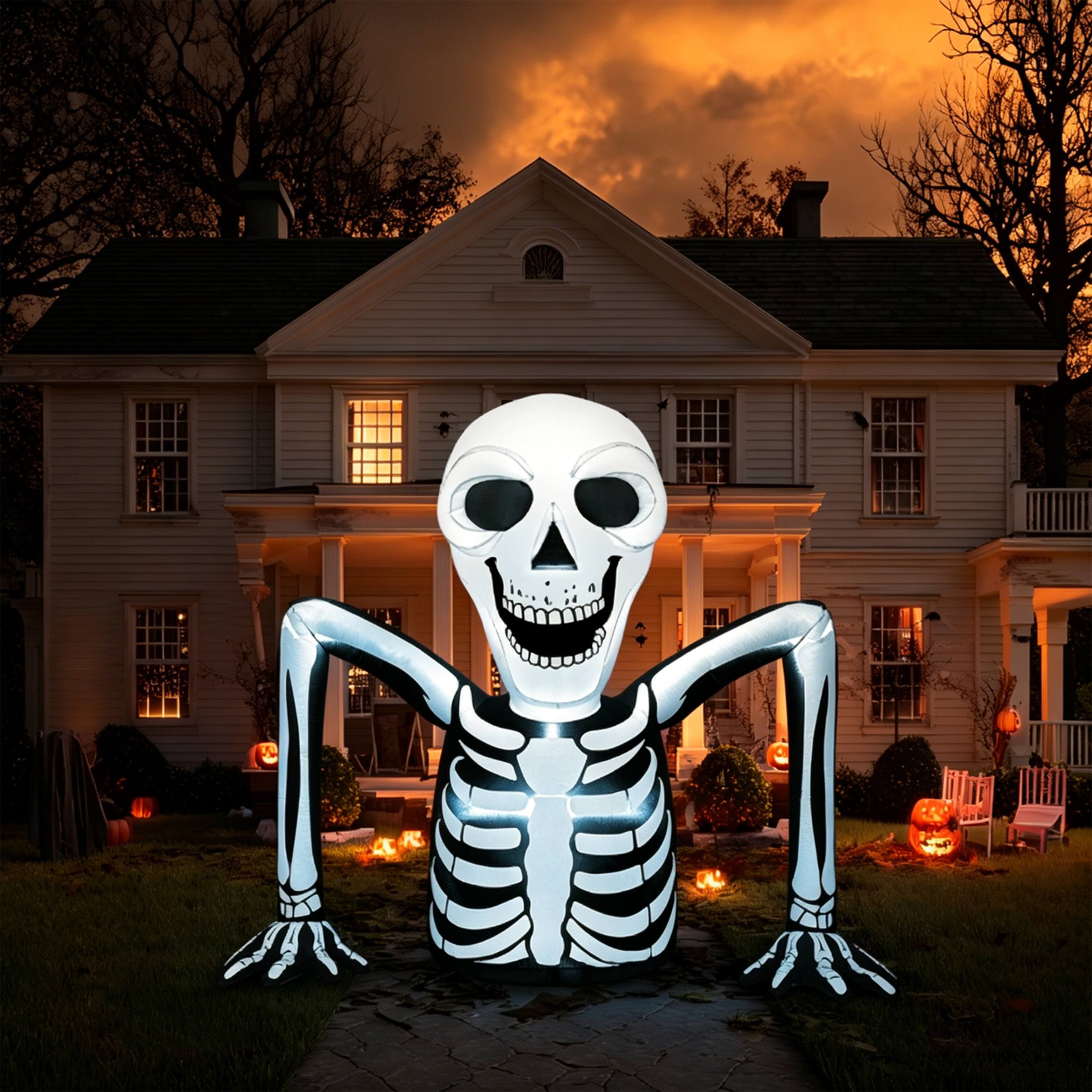 Angle. Joyfy - 5.5FT Inflatable Skeleton Ground Breaker Halloween Decoration – Built-in LEDs for Yard, Garden, Lawn & Party Displays - White+black.