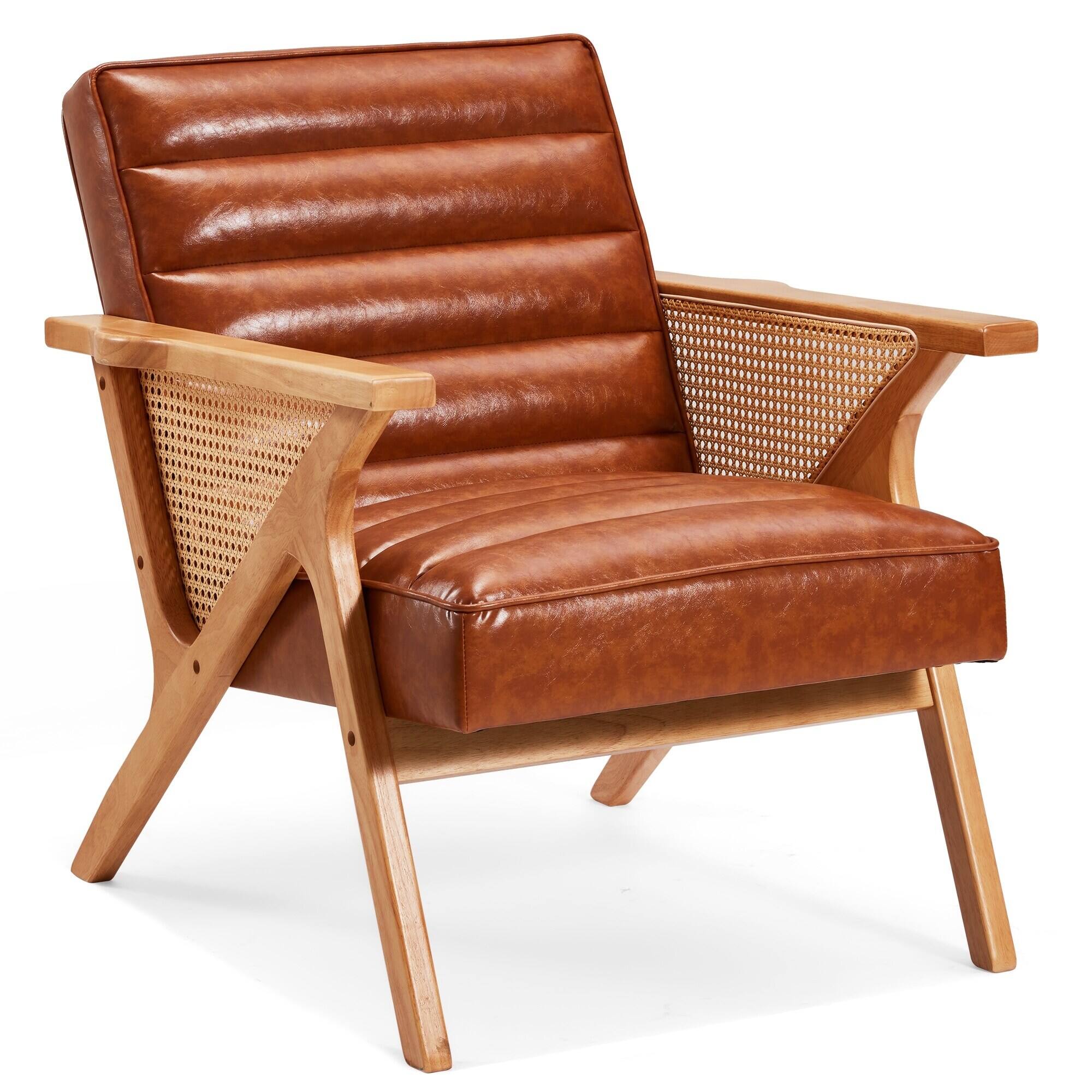 Alt View 5. U-HOMY - Rattan Accent Armchair with PU Cushion ,Mid Century Modern Lounge Chair with Solid Wood Frame for Living Room & Balcony - Brown.