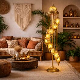 FC Design - 81"H Gold Base Spiral Turkish Lamp w/ 9 Yellow Mosaic Lantern Bulbs