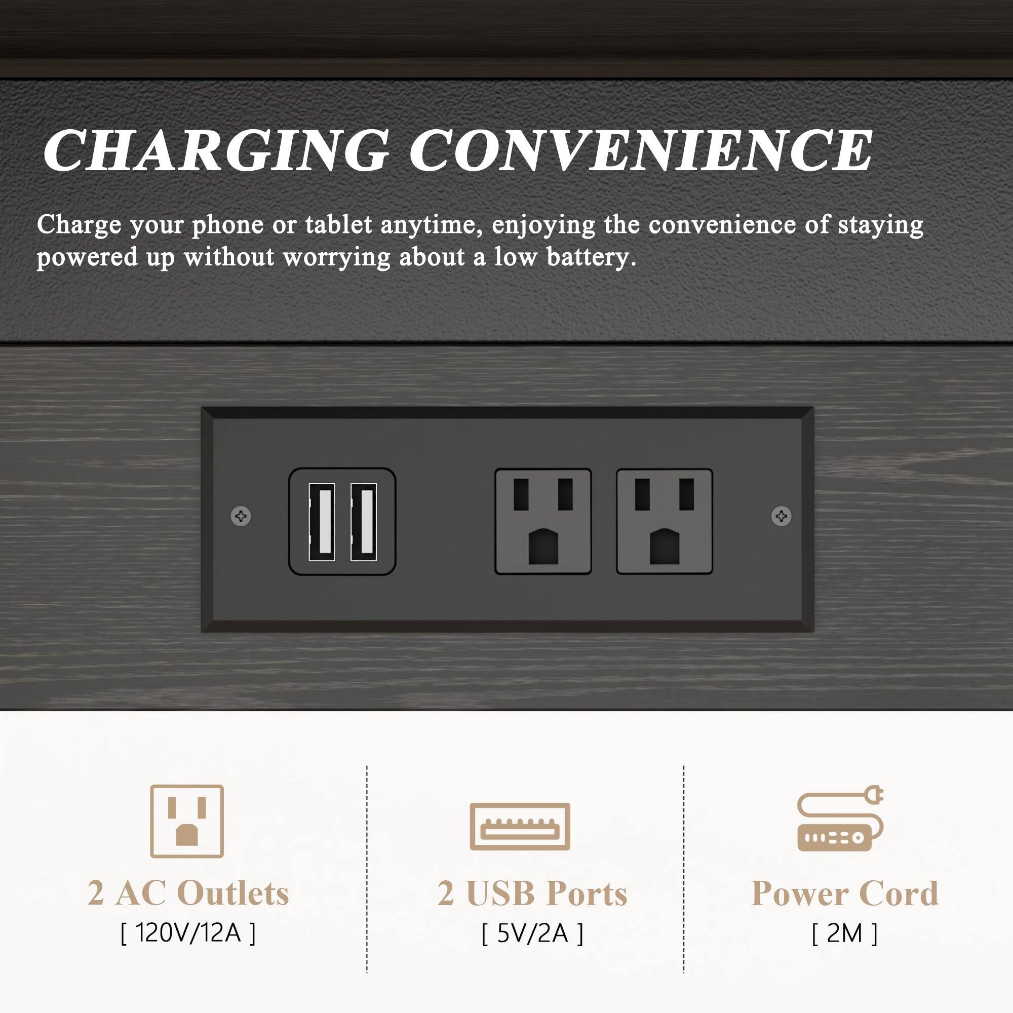 CHARGING CONVENIENCE  
Charge your phone or tablet anytime, enjoying the convenience of staying powered up without worrying about a low battery.  

2 AC Outlets [120V/12A]  
2 USB Ports [5V/2A]  
Power Cord [2M]