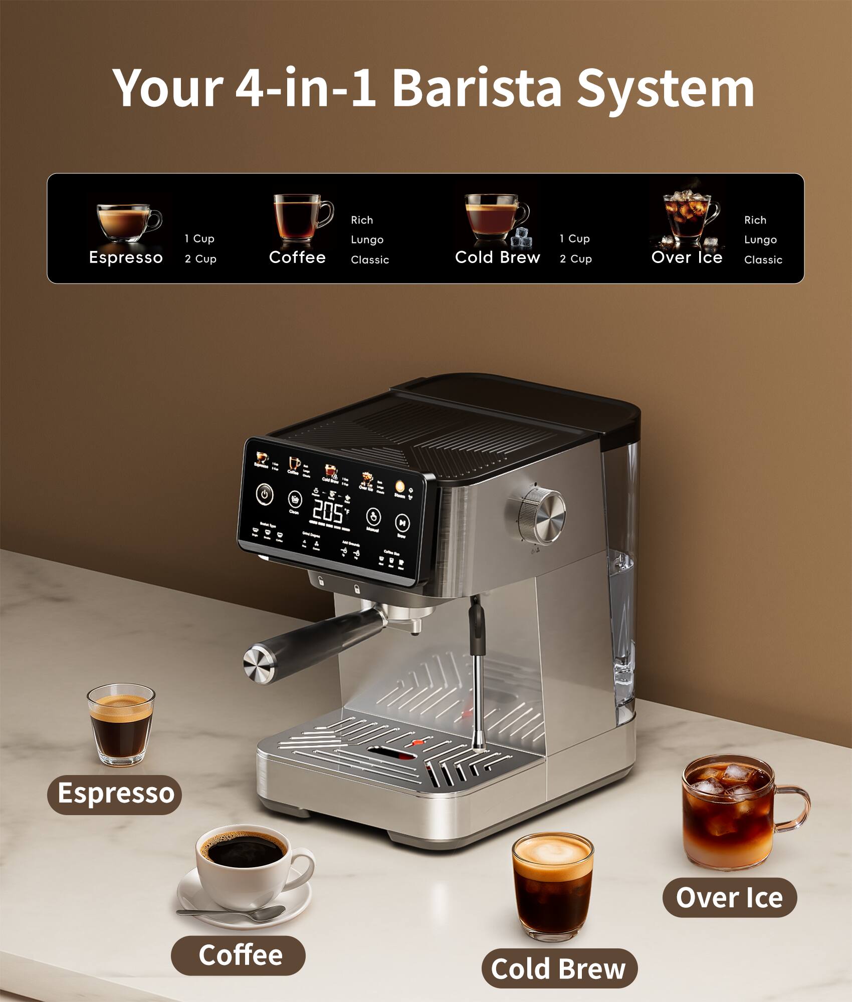 Your 4-in-1 Barista System

1 Cup Espresso  
2 Cup Coffee  
Rich Lungo Classic  
1 Cup Cold Brew  
2 Cup Over Ice  
Rich Lungo Classic