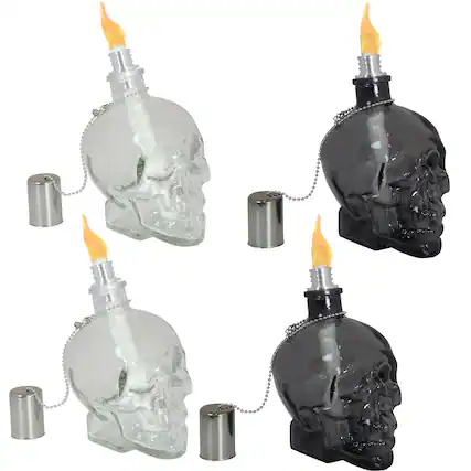 Front. Sunnydaze - Set of 4 Glass/Metal Grinning Skull Tabletop Torch - Black/Clear.