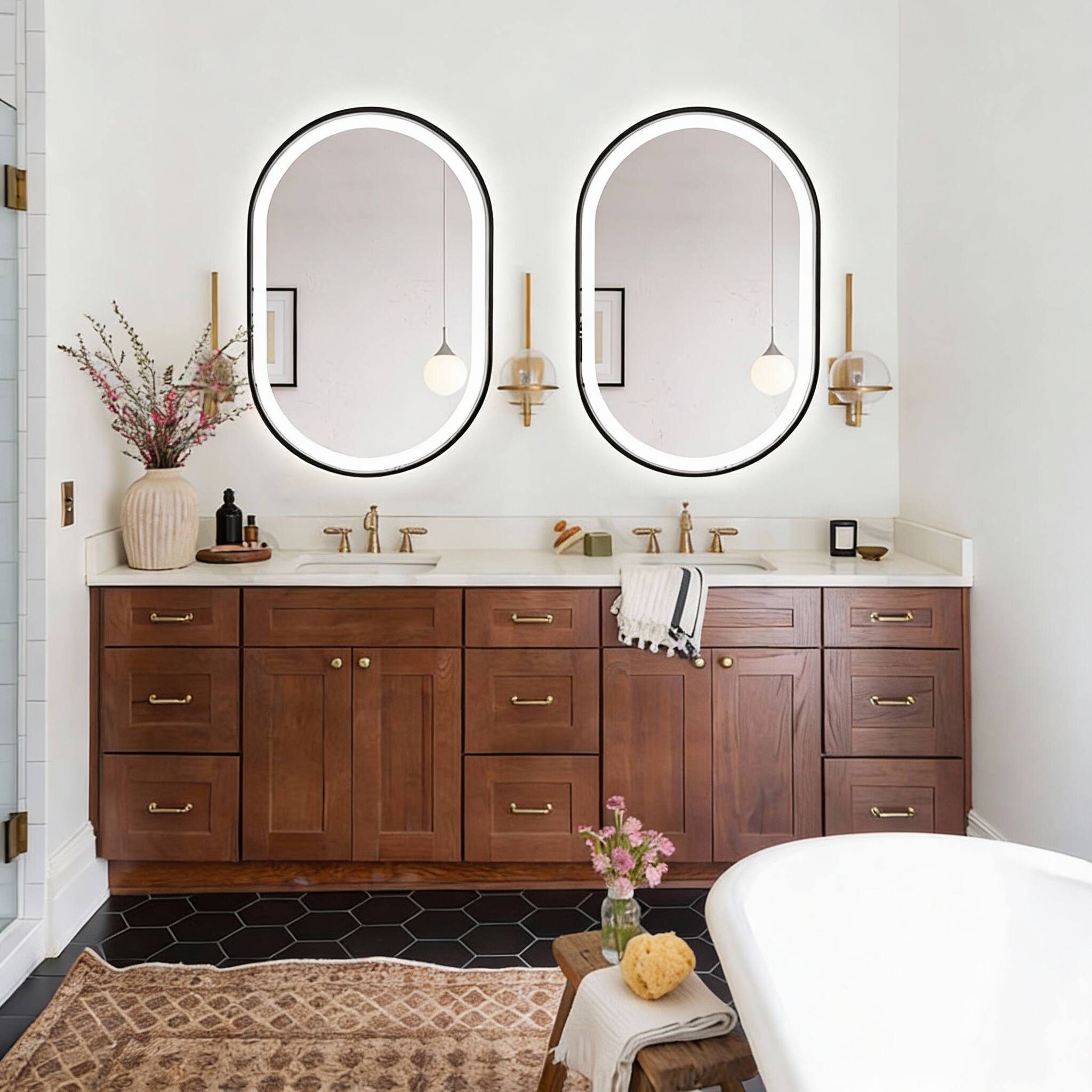 Left. METALTON - Oval Led Bathroom Mirror Lighted Vanity With Frame Anti Fog Smart Colors Dimmable For Makeup Frontlit Water - Gold 32"L x 20"W.