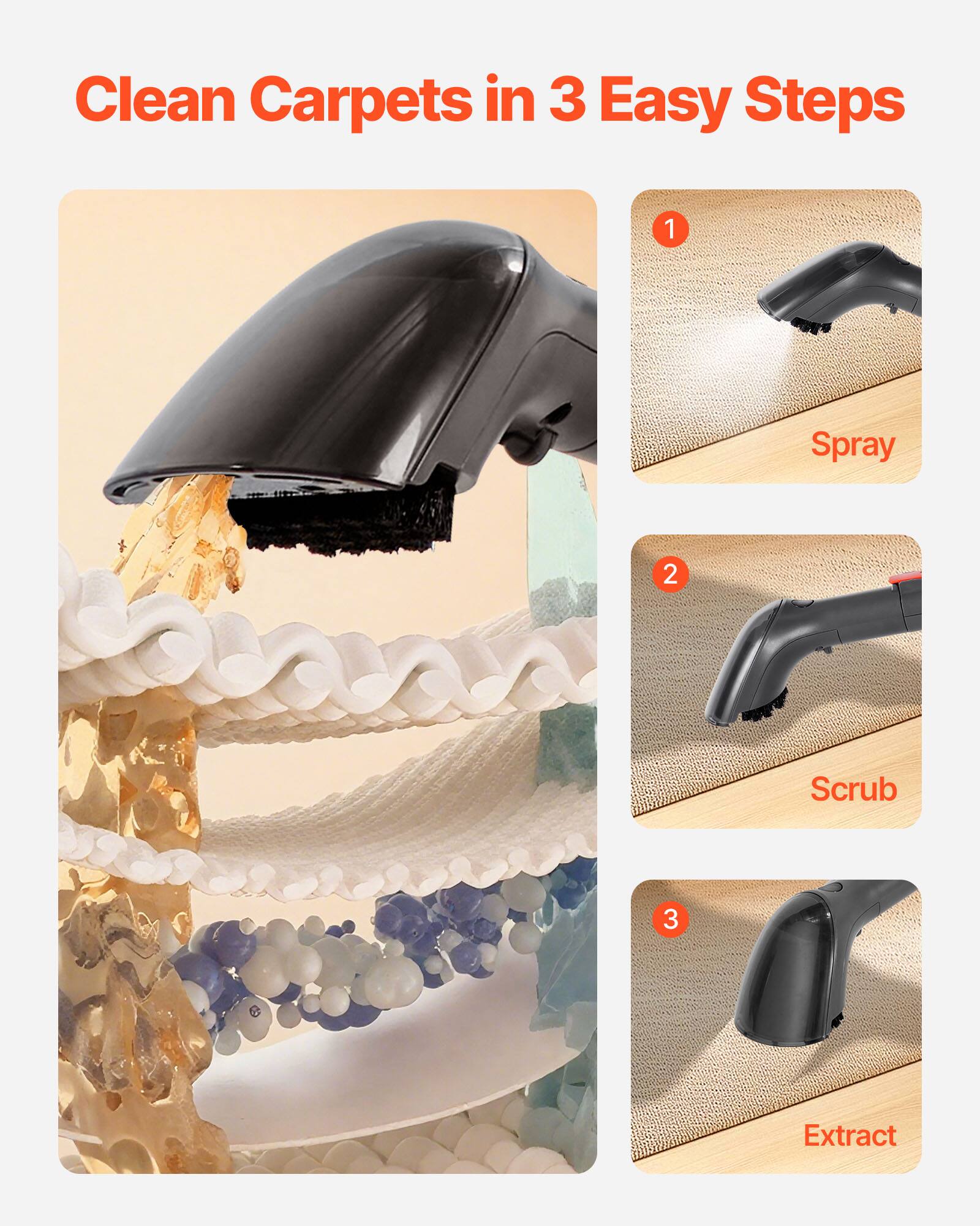 Clean Carpets in 3 Easy Steps
1. Spray
2. Scrub
3. Extract