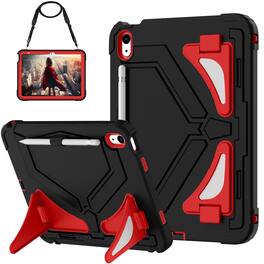 Dteck - Case for iPad (A16) 11th Gen 2025 /10th Gen 10.9'' 2022 Rugged Shockproof 3 Layers Kickstand Cover With Crossbody Strap - Black+Red