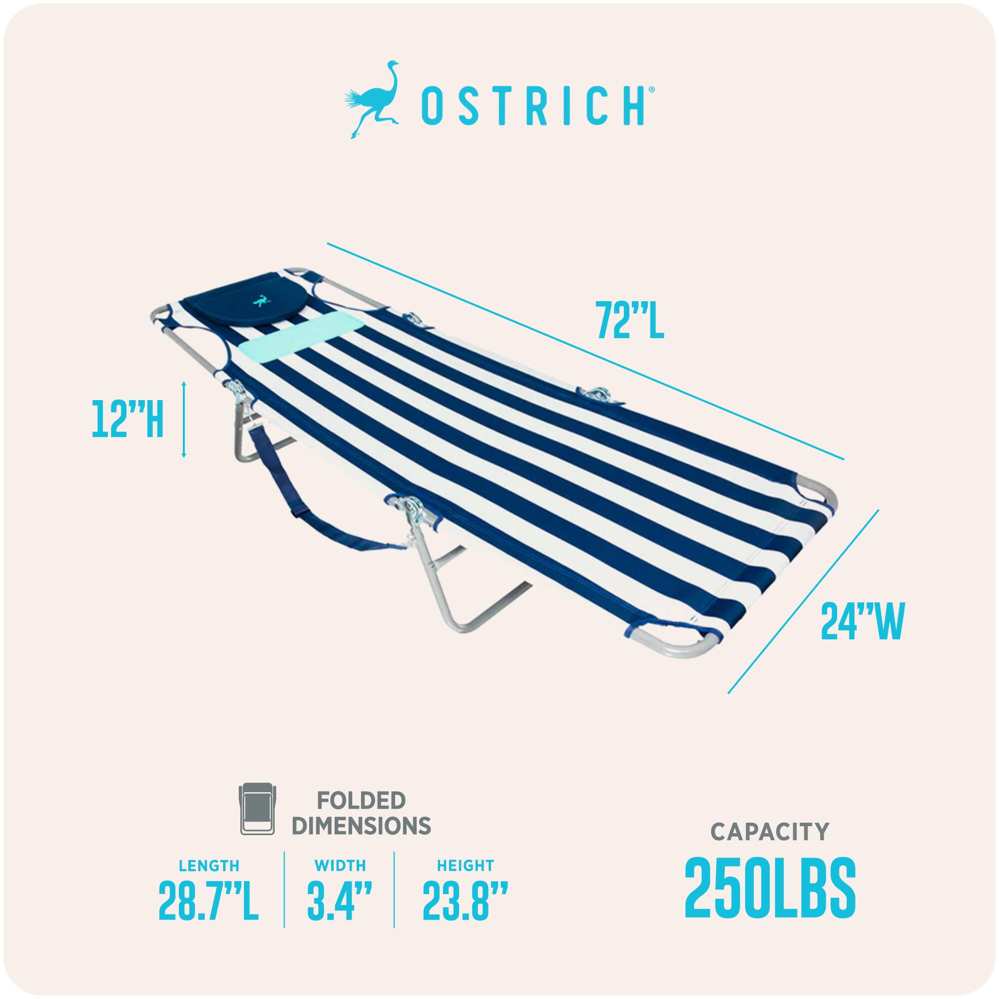 OSTRICH  
72"L x 12"H x 24"W  
FOLDED DIMENSIONS: 28.7"L x 3.4"W x 23.8"H  
CAPACITY: 250LBS