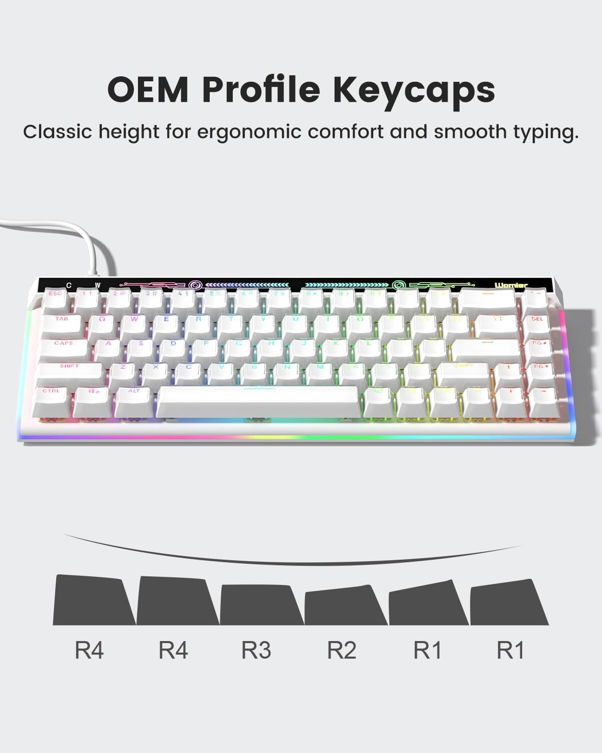 OEM Profile Keycaps  
Classic height for ergonomic comfort and smooth typing.  

ECC T W 2 3 I 4 I 1 I Womiec TAH O W E F T Y U - 1 1 - DEL EAPS S D F D H J F L PO 5INPT 2 x C V - N4 M " CTRE A + R4 R4 R3 R2 R1 R1