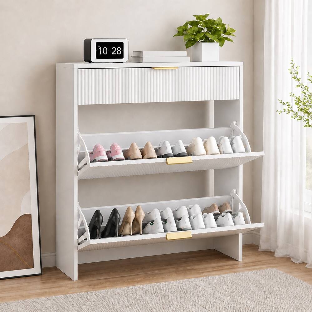 Front. Loheer - Loheer Narrow Fluted Shoe Storage Cabinet, Freestanding MDF Organizer with Flip Drawers, 31.5 Inch W, White - White.