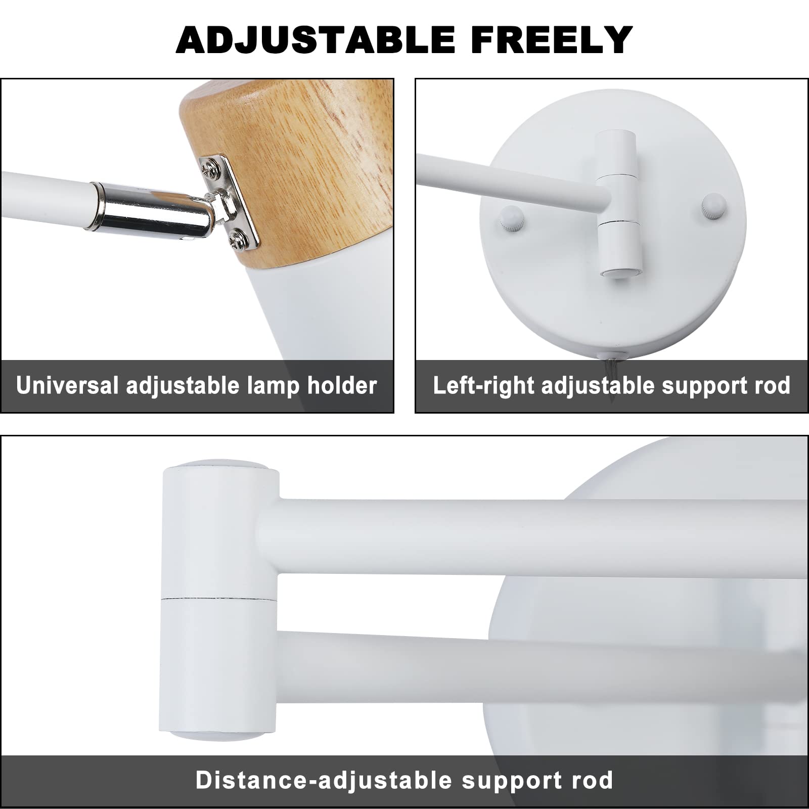 ADJUSTABLE FREELY

Universal adjustable lamp holder

Left-right adjustable support rod

Distance-adjustable support rod