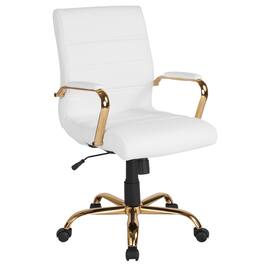 Emma + Oliver - Mid-Back Executive Swivel Office Chair with Metal Frame and Arms - White LeatherSoft/Gold Frame