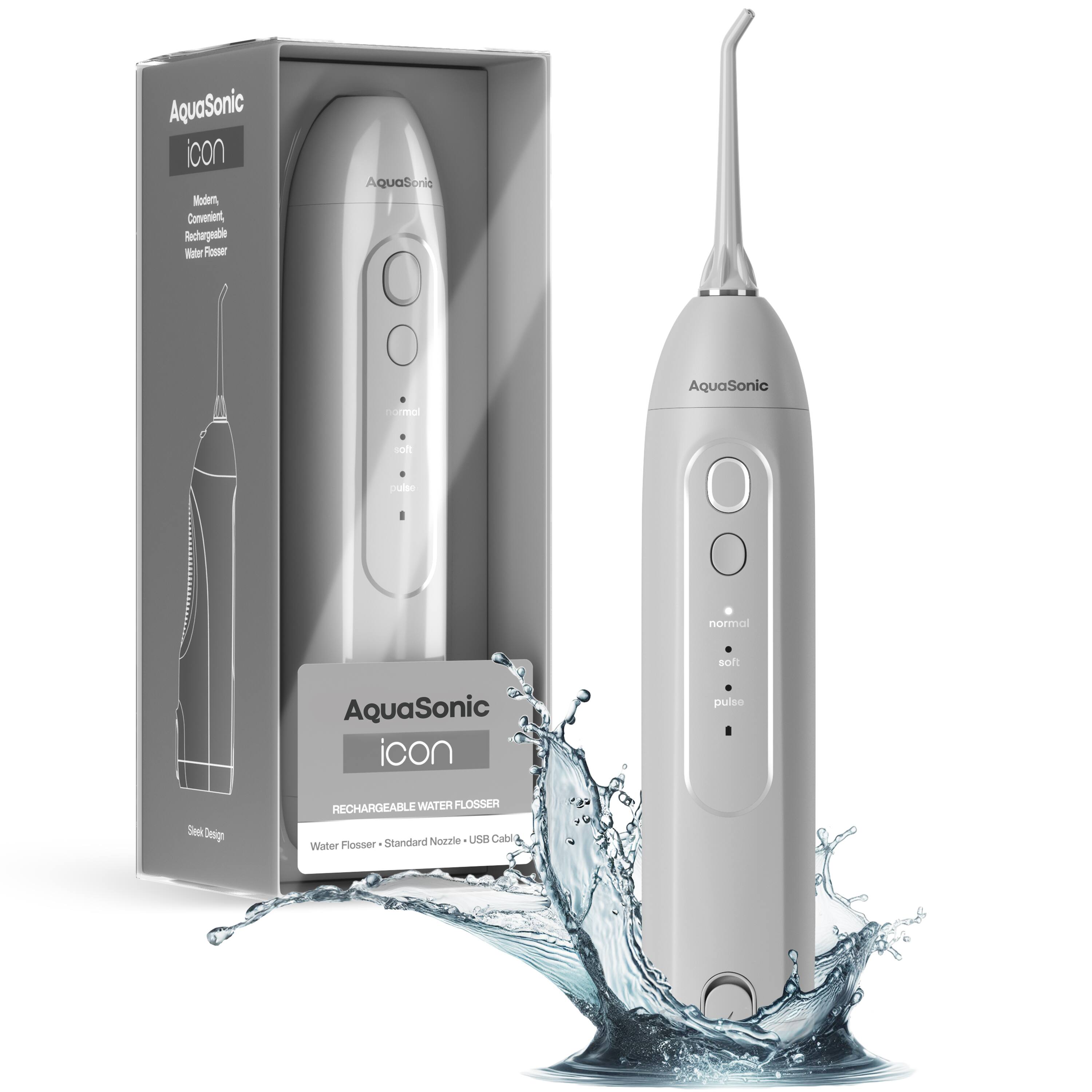 AquaSonic icon, Modern, Convenient, Rechargeable Water Flosser, AquaSonic, AquaSonic icon, Rechargeable Water Flosser, Standard Nozzle, USB Cable