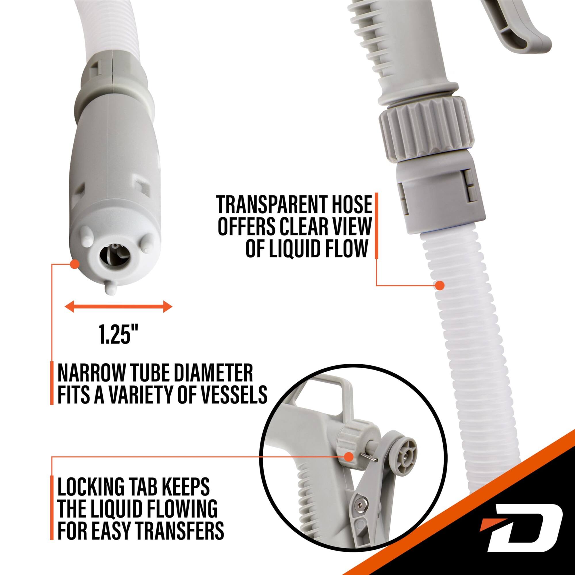 TRANSPARENT HOSE OFFERS CLEAR VIEW OF LIQUID FLOW, 1.25" NARROW TUBE DIAMETER FITS A VARIETY OF VESSELS, LOCKING TAB KEEPS THE LIQUID FLOWING FOR EASY TRANSFERS