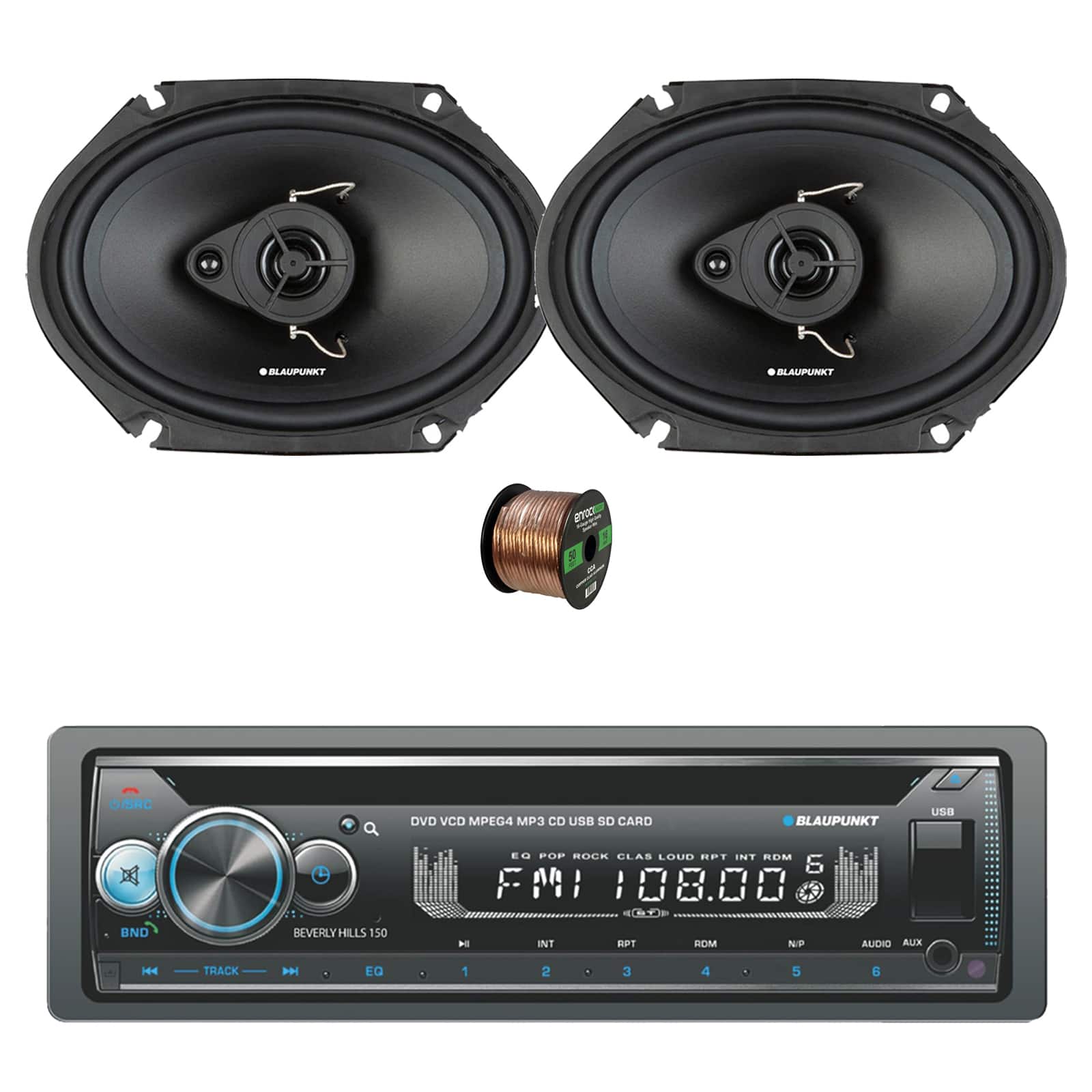 Blaupunkt - Beverly Hills 150 Single DIN Bluetooth DVD/CD Stereo Receiver, 2x 6x8" 60 Watt Max 3-Way Car Speakers w/ Wire