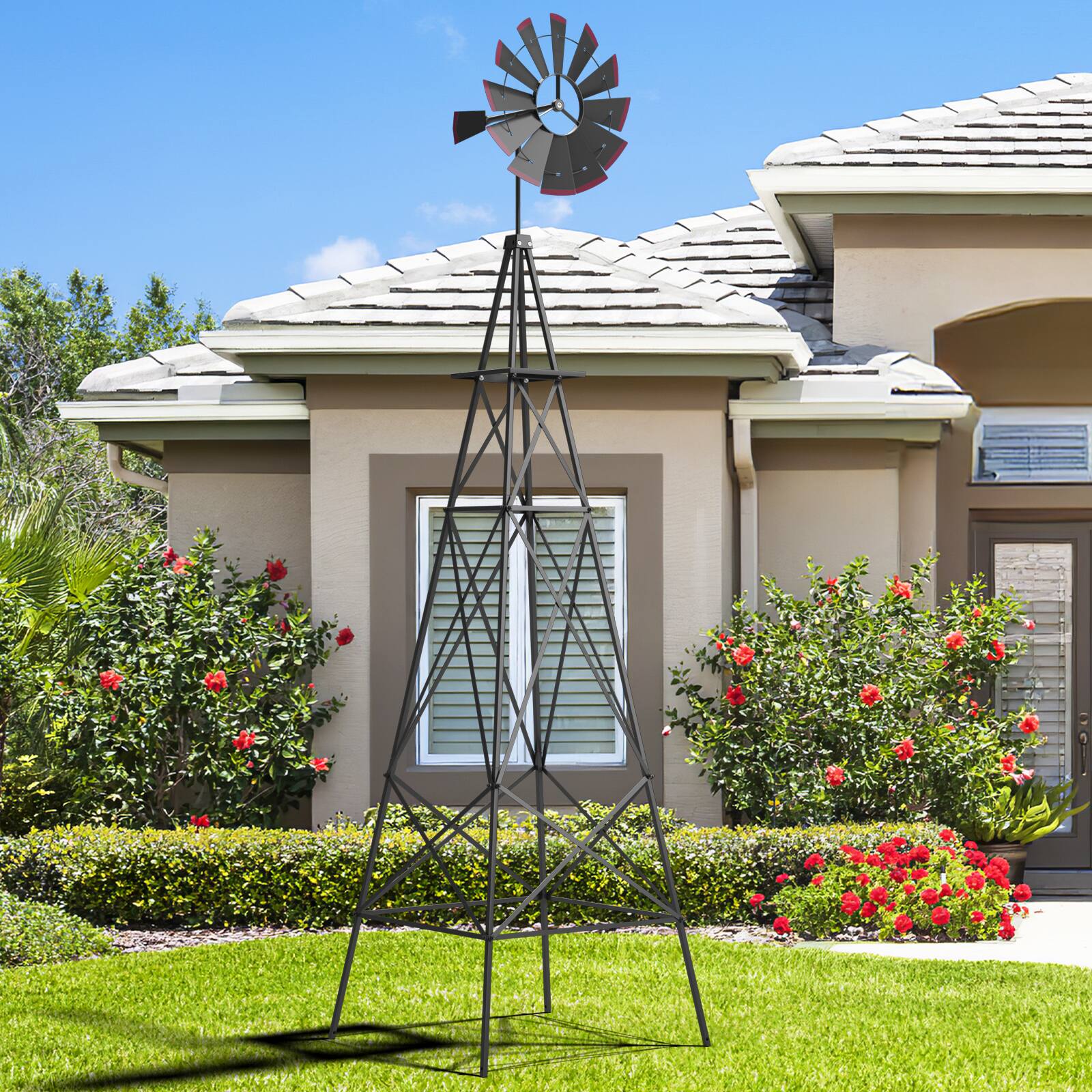 Alt View 3. Costway - 8Ft Tall Windmill Ornamental Wind Wheel Silver Gray And Red Garden Weather Vane - Gray.