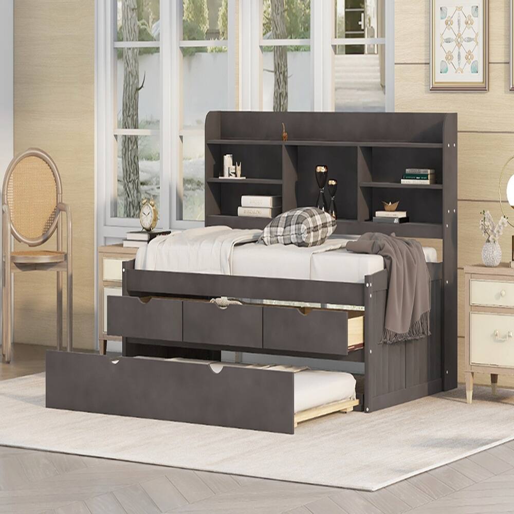 Back. Loheer - Loheer Twin Captain Bed with Trundle and Storage Drawers Antique Brown - Antique Brown.