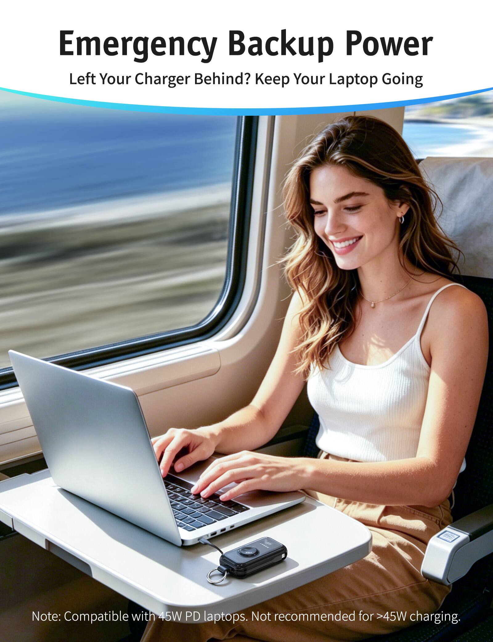Emergency Backup Power  
Left Your Charger Behind? Keep Your Laptop Going  

Note: Compatible with 45W PD laptops. Not recommended for >45W charging.