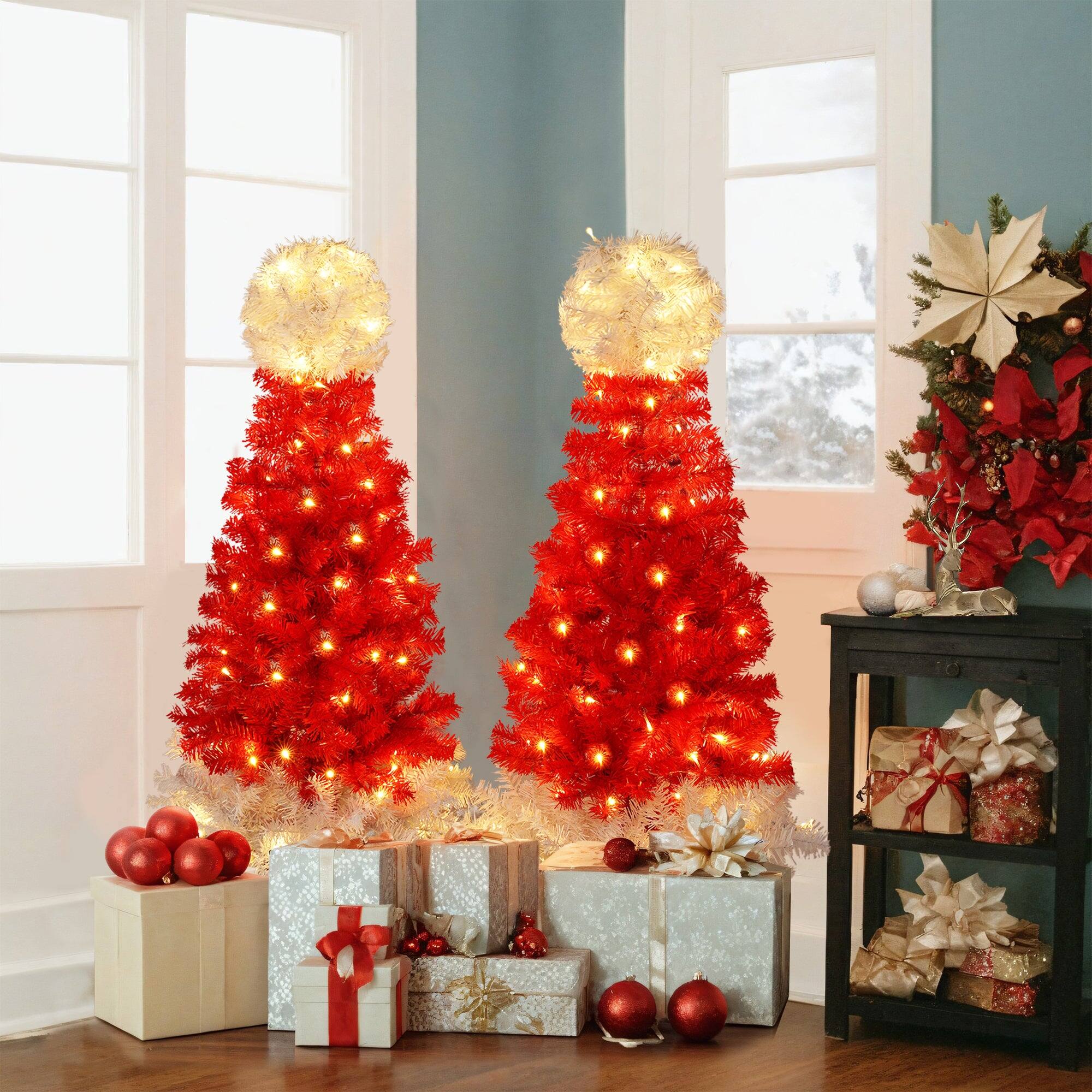 Alt View 1. Hivvago - Lighted  Santa Hat Style Christmas Tree Set of 2, 4ft Artificial Tree with Warm White Lights - Red,White.