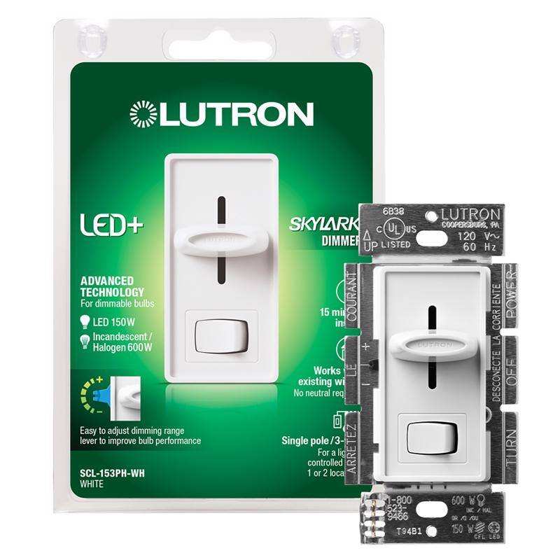 LUTRON LED+ ADVANCED TECHNOLOGY  
For dimmable bulbs  
LED 150W  
Incandescent/ Halogen 600W  
Easy to adjust dimming range lever to improve bulb performance  
SCL-153PH-WH WHITE  
LUTRON SKYLARK DIMMER  
UL US  
COOPERSBURG, PA  
120 V~  
60 Hz  
15 mA  
COURANT CORRIENTE  
POWER in LA  
Works with existing wiring  
No neutral required  
Single pole / 3-way controlled  
For 1 or 2 locations  
1-800 600 523-9466  
T94B1  
6838  
600 W  
CFL LED