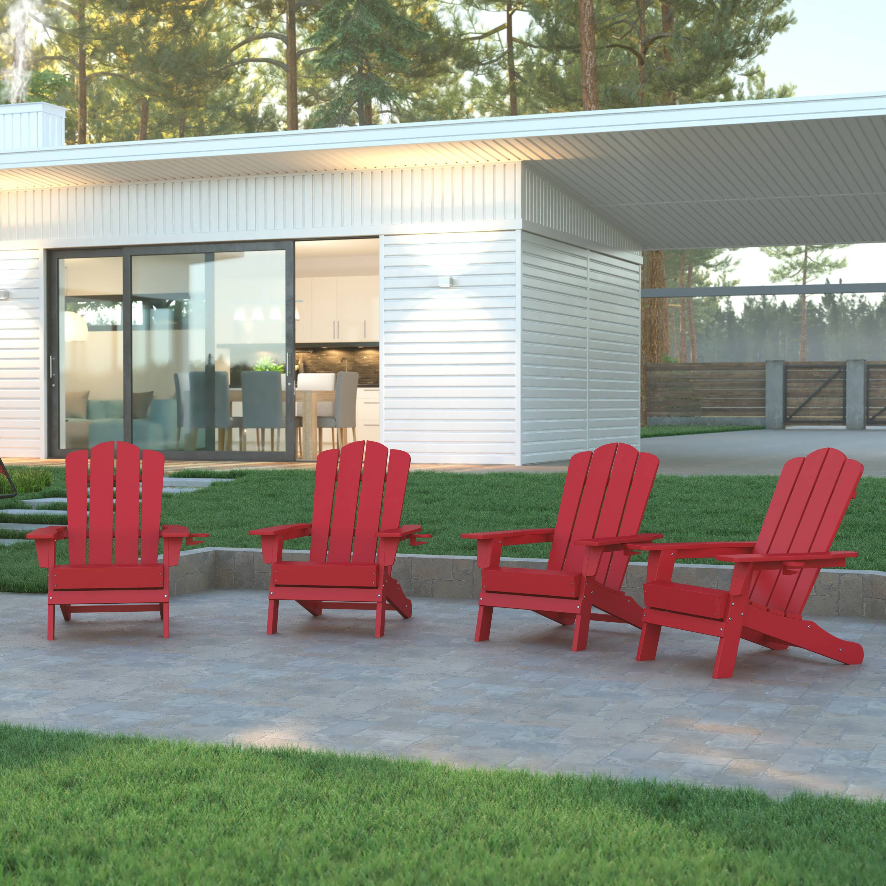 Alt View 2. Emma + Oliver - Tiverton Set of 4 Adirondack Chairs with Cup Holders, Weather Resistant HDPE Adirondack Chairs - Red.
