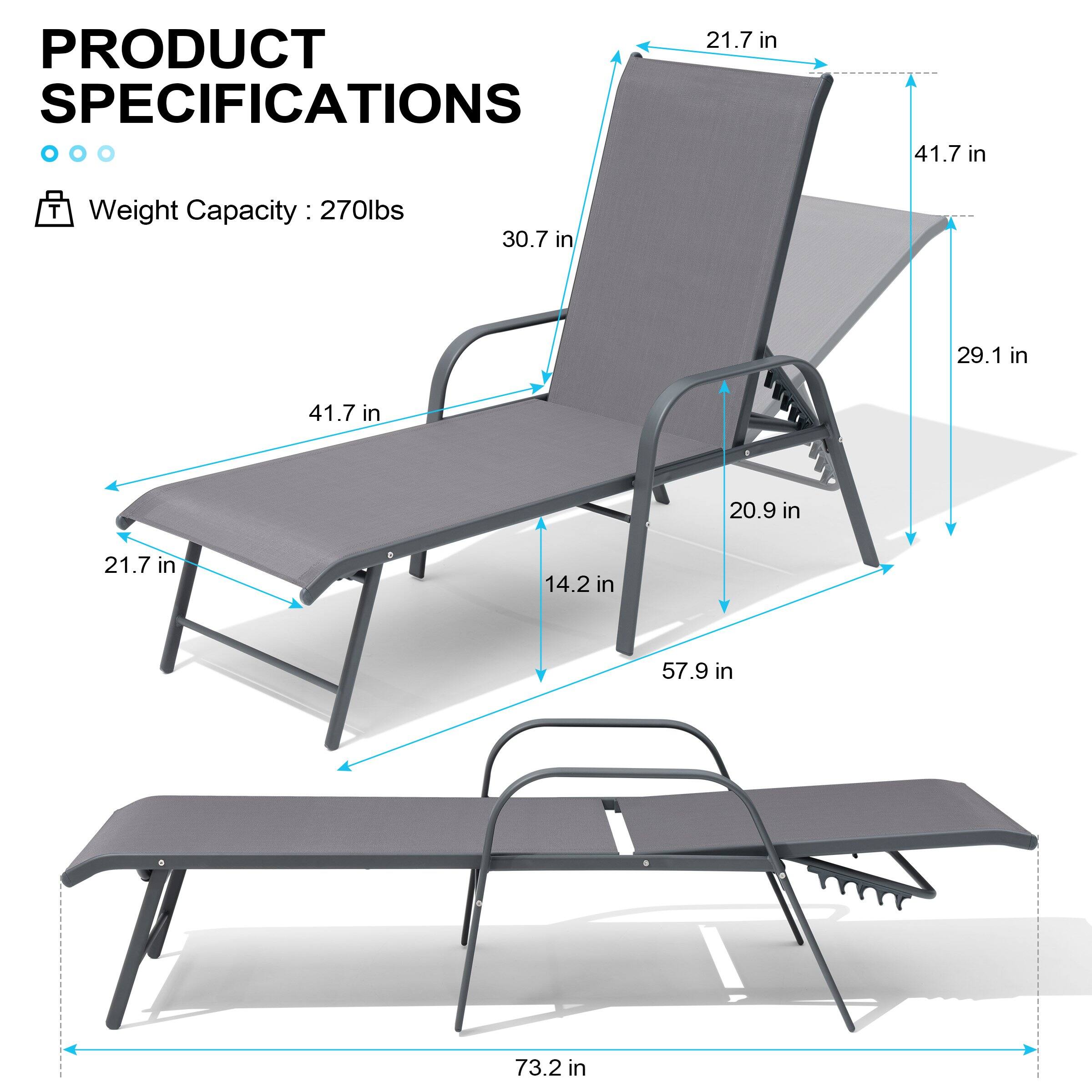 PRODUCT SPECIFICATIONS

Weight Capacity: 270lbs

- 21.7 in
- 41.7 in
- 30.7 in
- 29.1 in
- 20.9 in
- 14.2 in
- 57.9 in
- 73.2 in