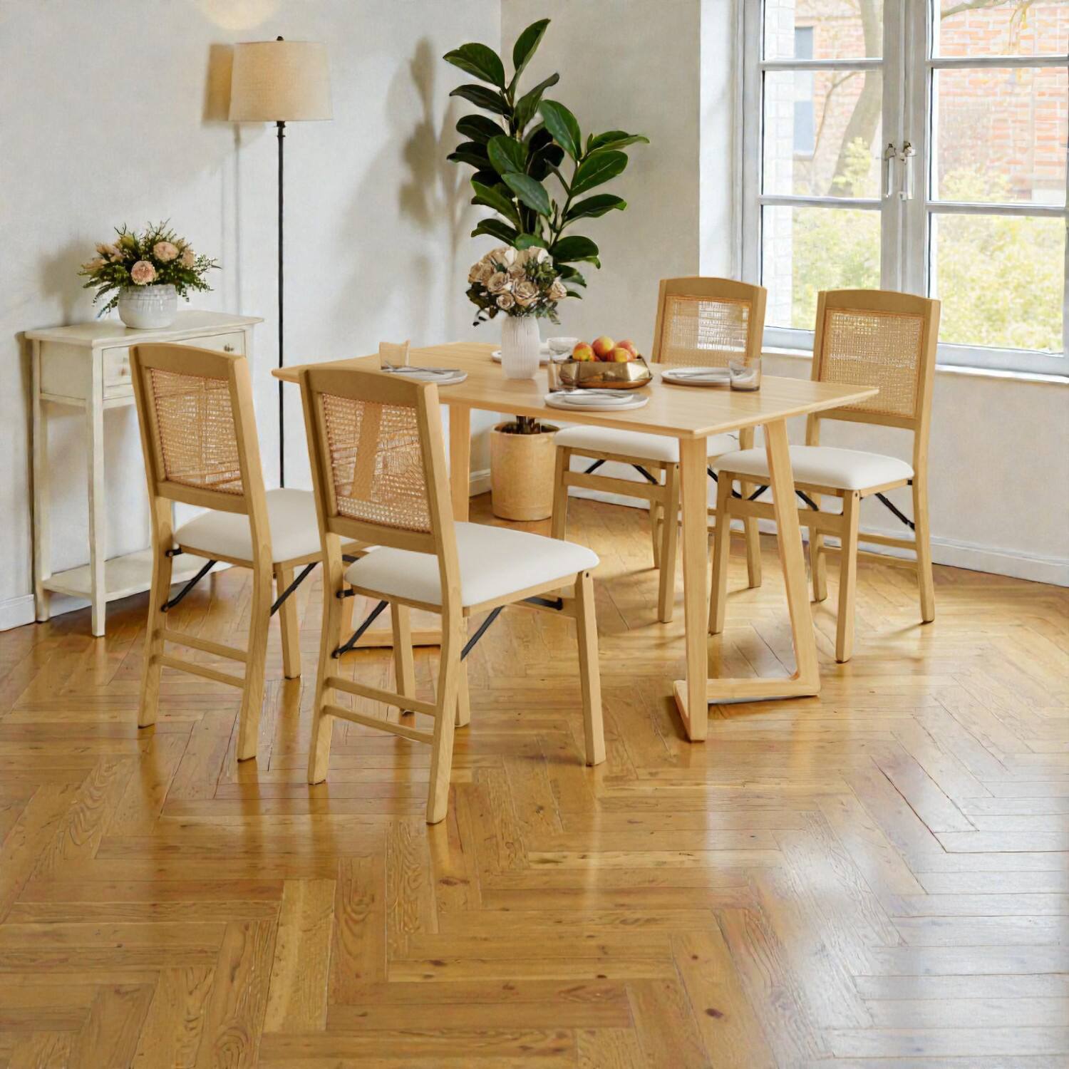 Front. Hivvago - Set of 4 Compact Foldable Dining Chairs with Linen Upholstery and Wooden Frame - Natural.
