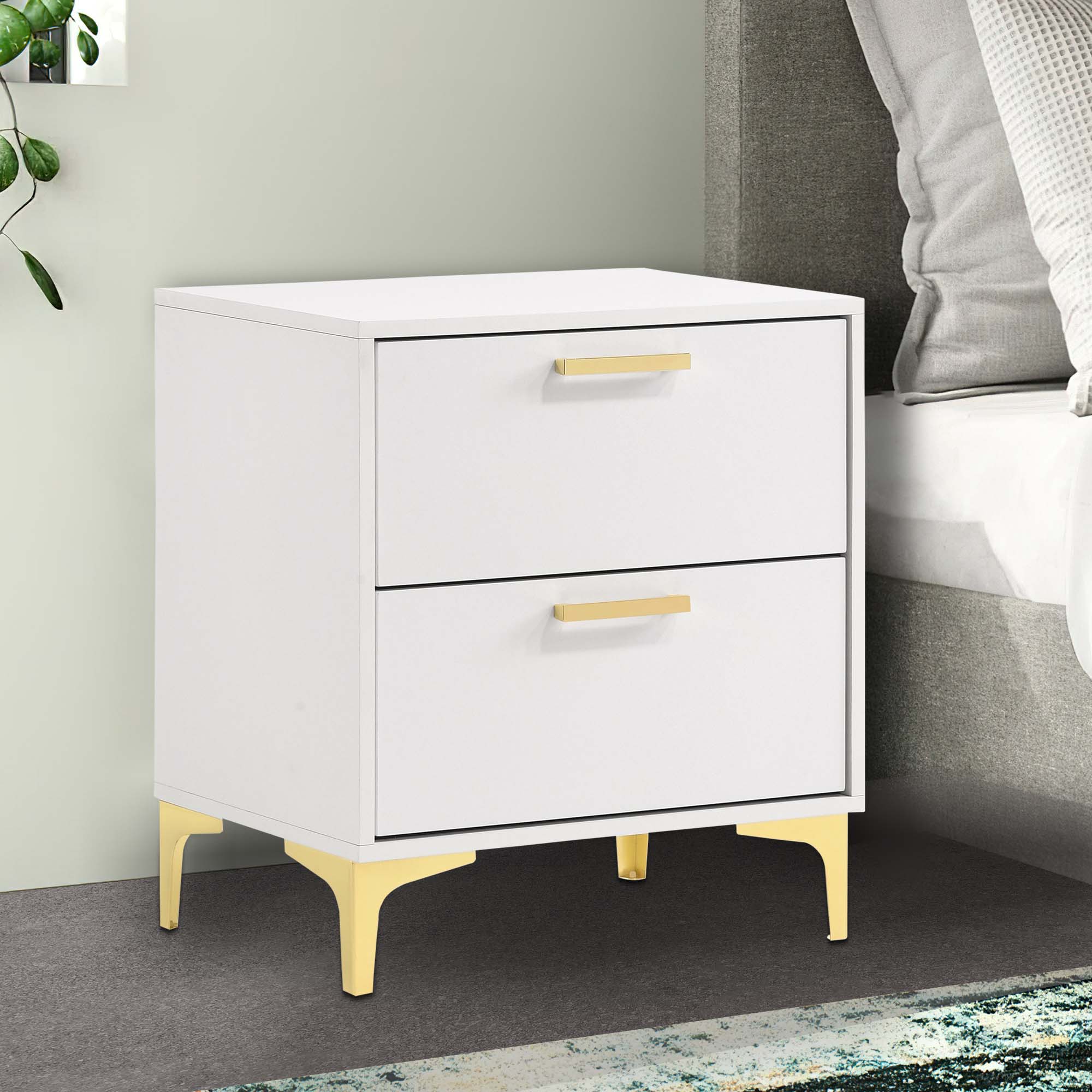 Alt View 2. Manhattan Lane - Lif 25 Inch Modern 2 Drawer Nightstand,  Metal Accents - White, Gold.