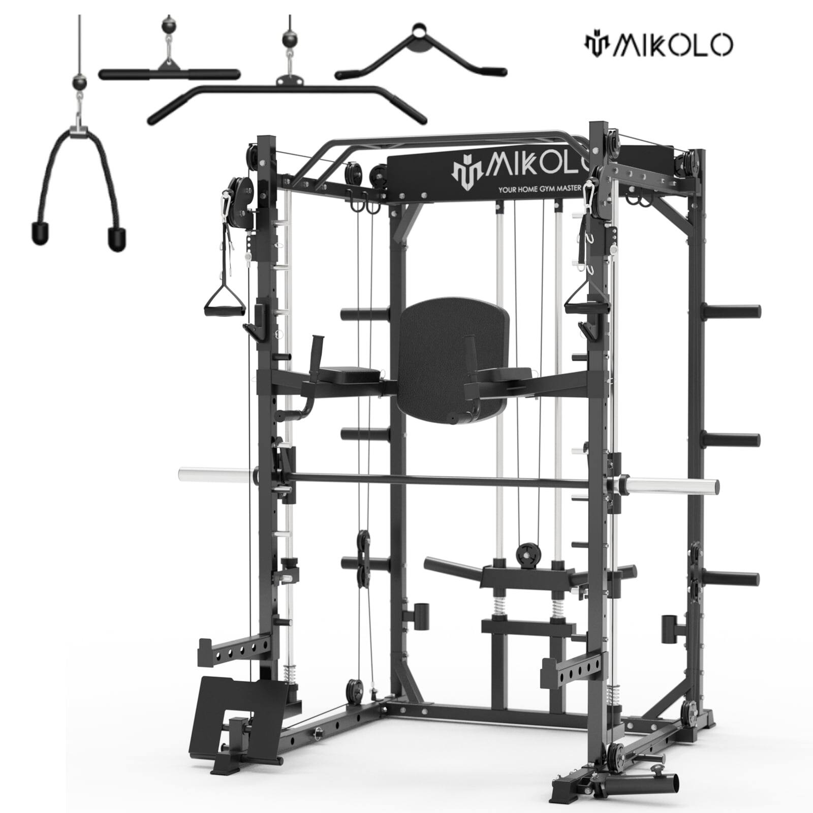 Mikolo - Smith Machine, 2000lbs Squat Rack with 800 lbs Weight Bench Combo, Cable Crossover Machine - Black