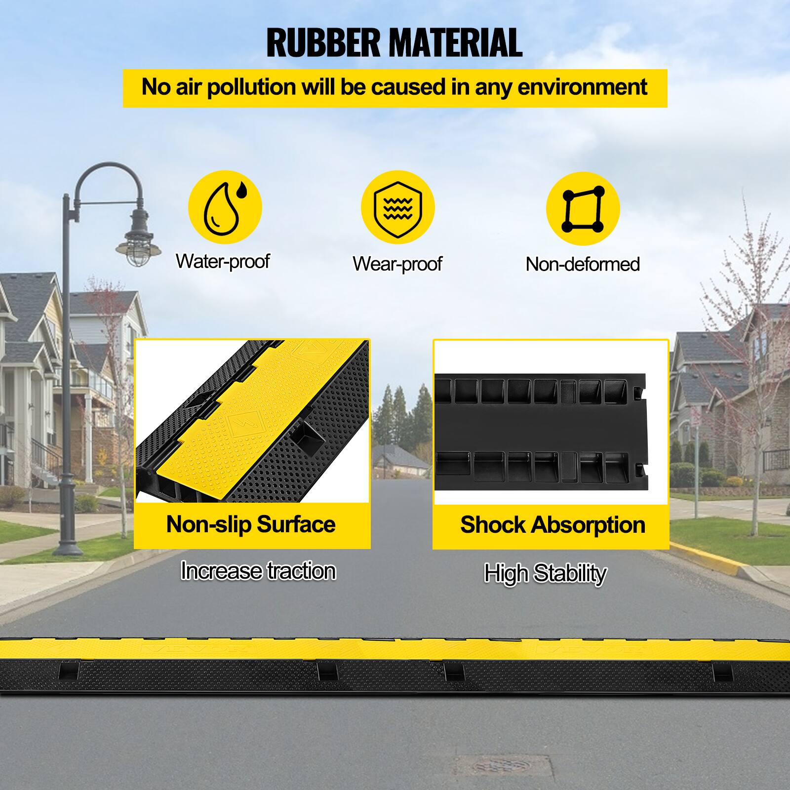 RUBBER MATERIAL

No air pollution will be caused in any environment

Water-proof
Wear-proof
Non-deformed

Non-slip Surface
Increase traction

Shock Absorption
High Stability