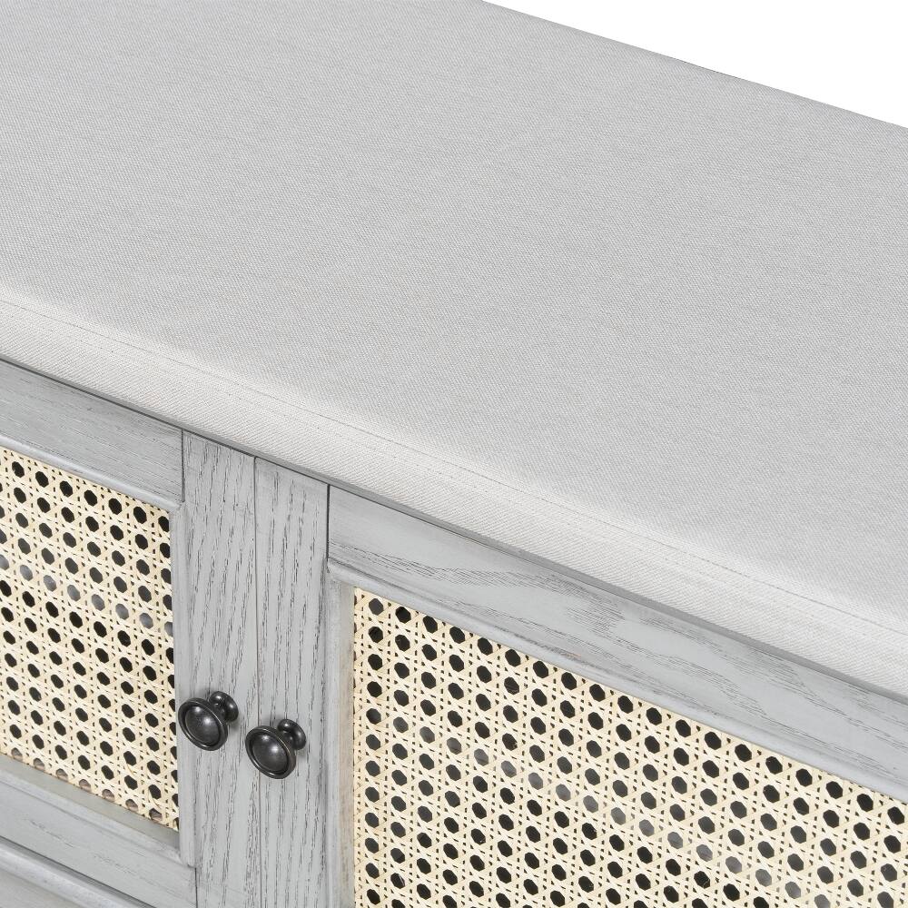 Alt View 8. Ropilly - Ropilly Boho Rattan Entryway Bench Cushioned Shoe Storage Bench with Double Doors Wooden Hallway Organizer Gray Wash - Gray Wash.