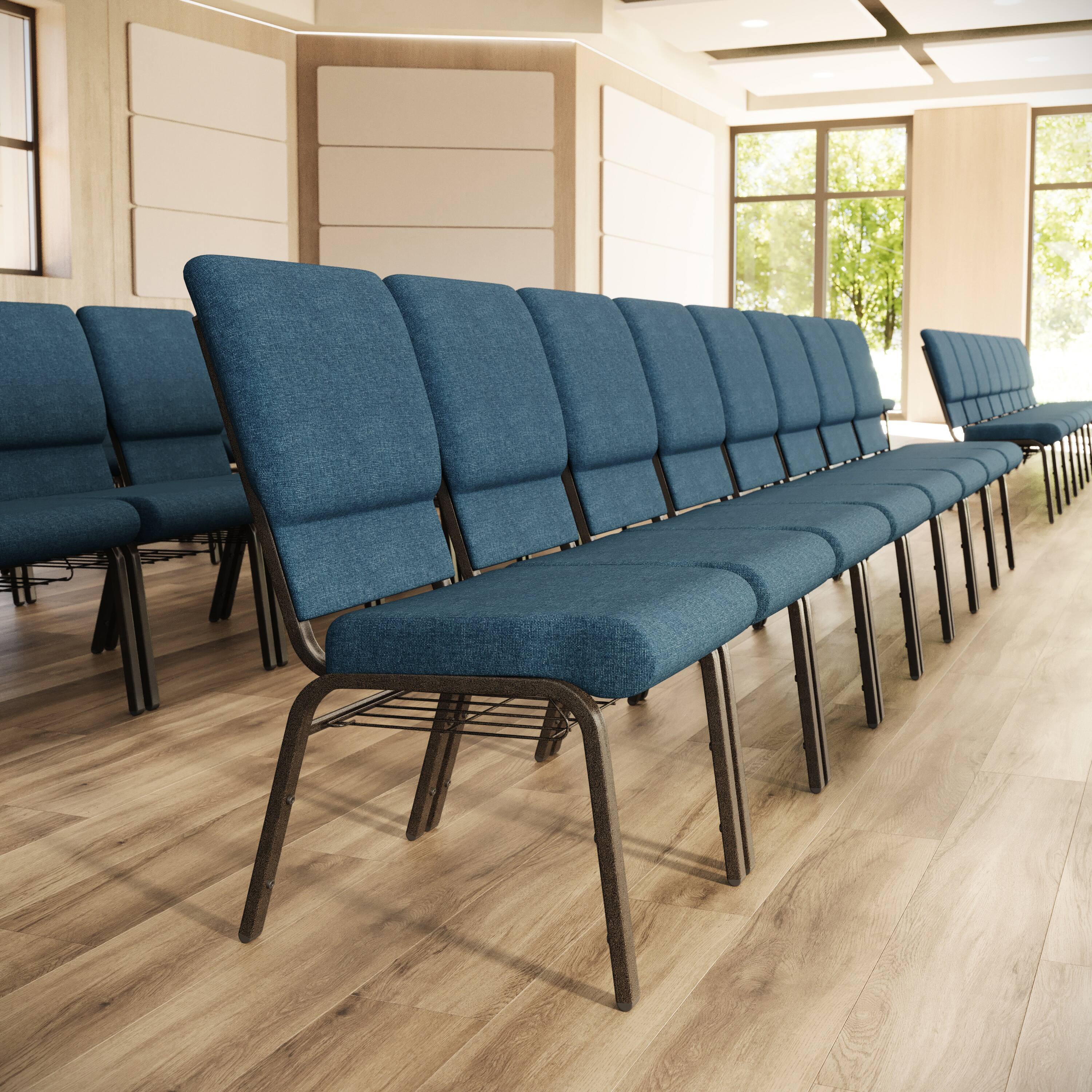 Angle. Flash Furniture - HERCULES Series 18.5''W Church Chair in Blue Fabric with Cup Book Rack - Gold Vein Frame - Blue.