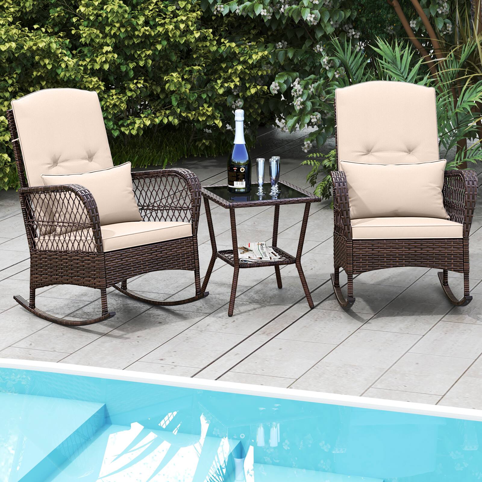 Gymax - 3 Pieces Rocking Bistro Set PE Rattan Rocking Chairs w/ 2-Tier Coffee Table Mix Brown - Mix Brown, Beige price history on PriceWatchPro