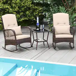 Gymax - 3 Pieces Rocking Bistro Set PE Rattan Rocking Chairs w/ 2-Tier Coffee Table Mix Brown - Mix Brown, Beige