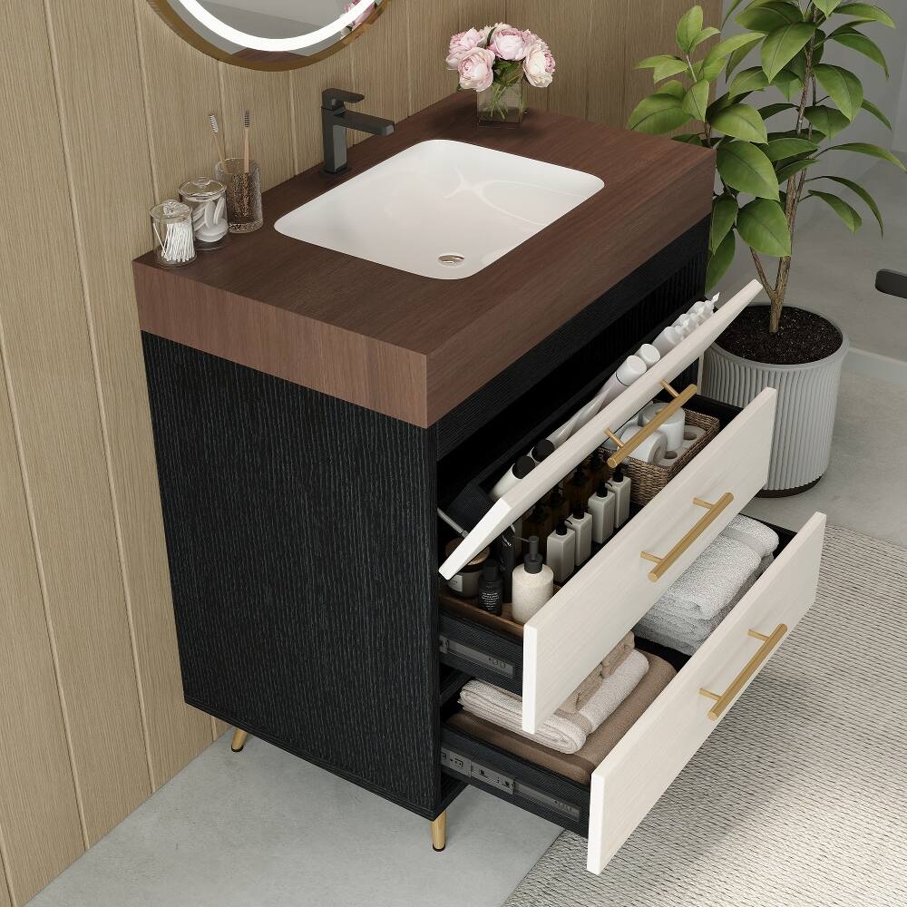 Back. Loheer - Loheer 29.9 inch freestanding bathroom vanity with ceramic vessel sink sintered stone top white and walnut - White and Walnut.