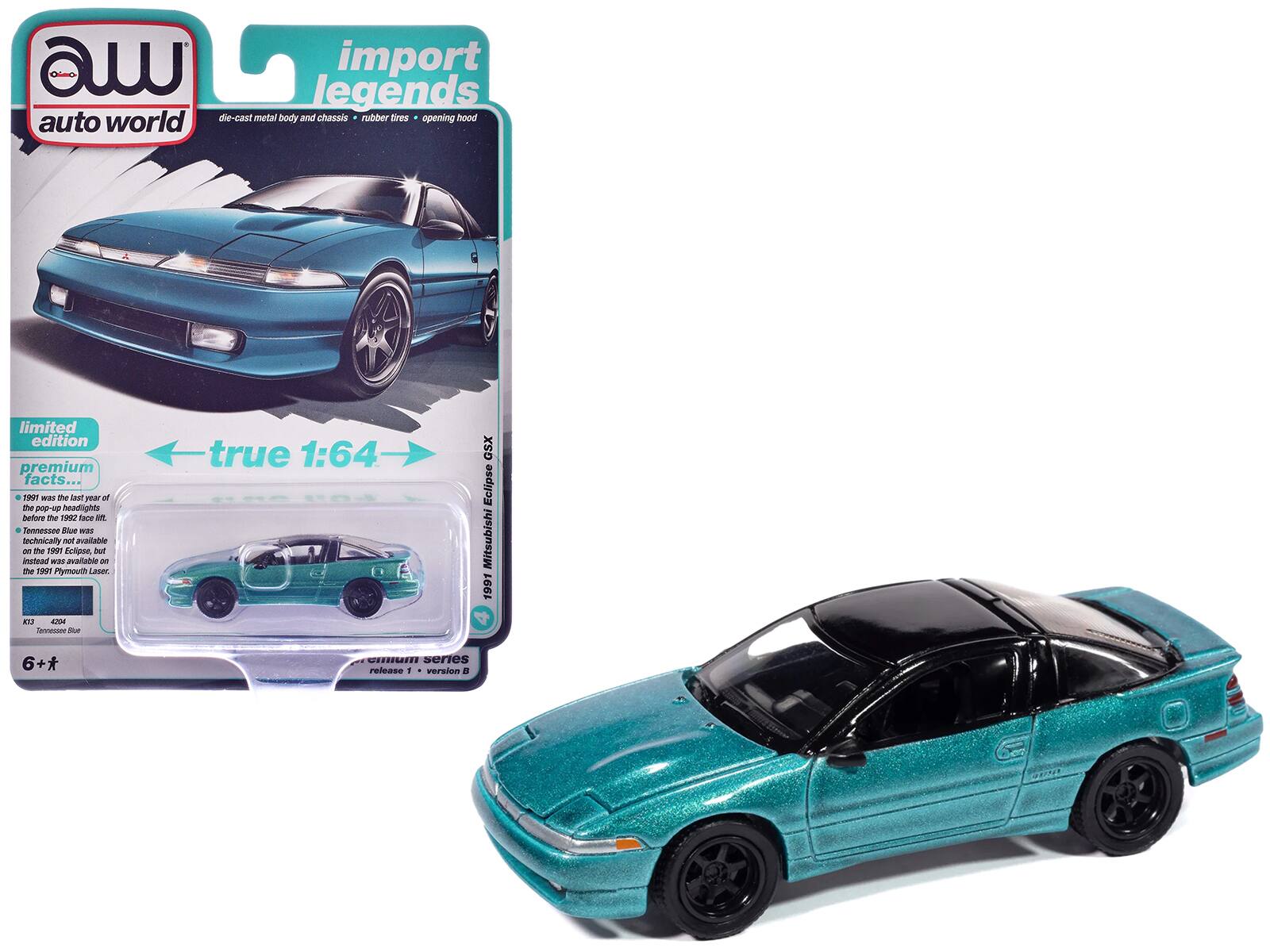 Sure, here is the corrected and grouped text:

---

**auto world**

**import legends**

- die-cast metal body and chassis
- rubber tires
- opening hood

**limited edition premium**

**true 1:64**

**facts...**

1991 was the last year of the pop-up 2-door hatchback. Tennessee Blue was the last color available on the 1991 Mitsubishi Eclipse. Instead, Tennessee Blue was available on the 1991 Plymouth Laser.

**series release 1 version B**

**6+**

---

**1991 Mitsubishi Eclipse**

**K13 4204 Tennessee Blue**

**6+**