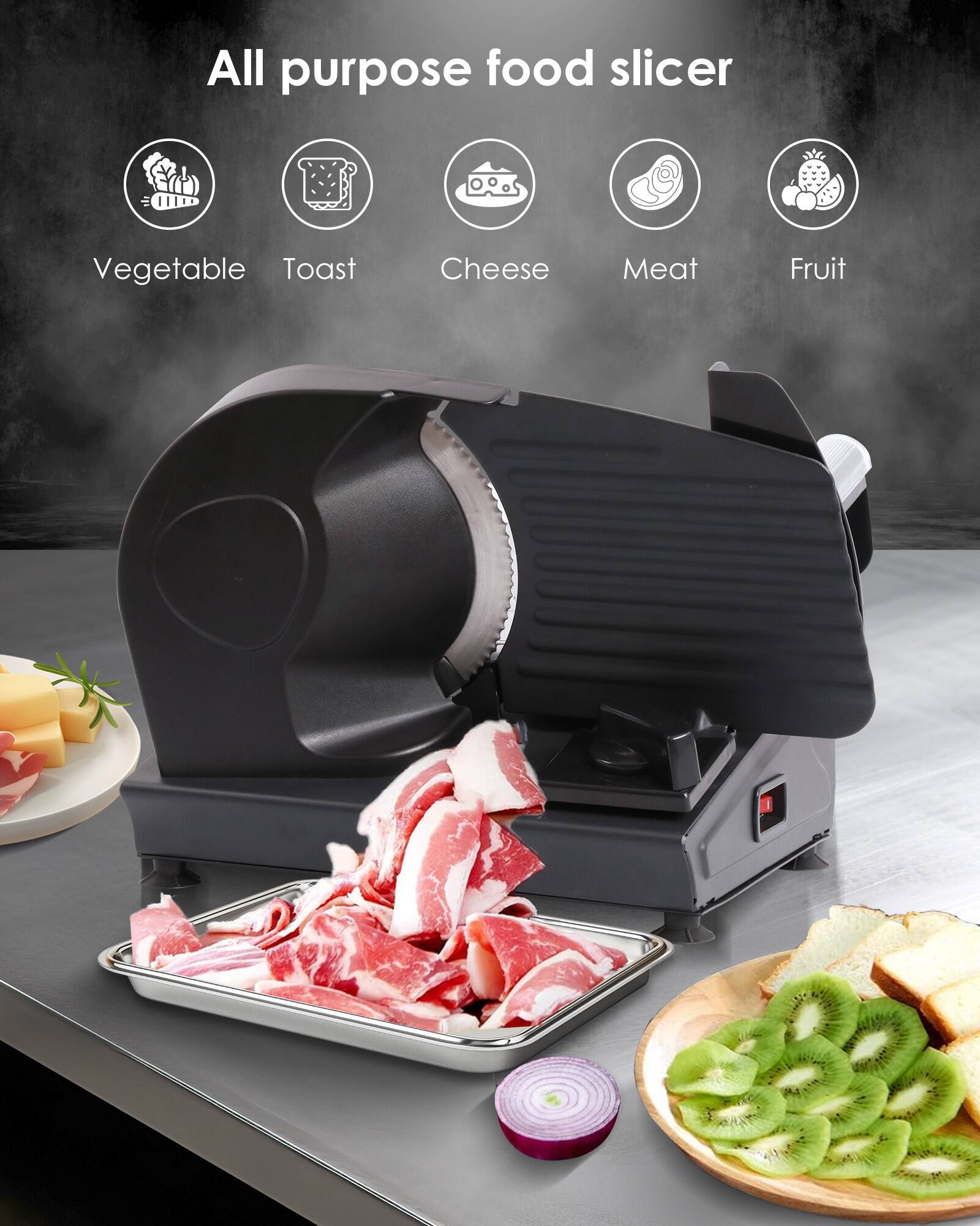 All purpose food slicer

- Vegetable
- Toast
- Cheese
- Meat
- Fruit