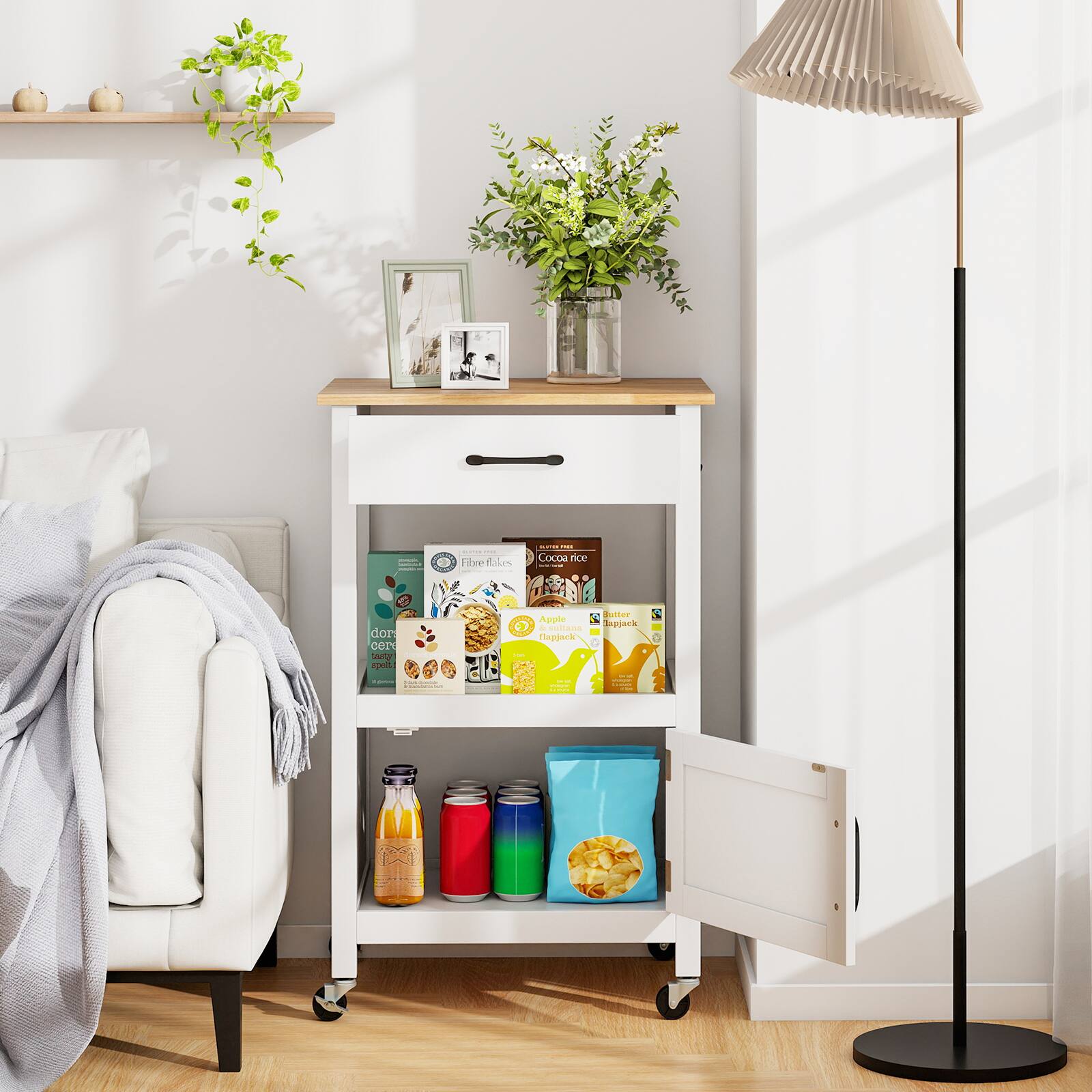 Sure, here is the corrected and grouped text from the image:

**Top Shelf:**
- Cocoa rice
- Apple flapjack
- Butter flapjack

**Middle Shelf:**
- Fiber flakes
- Donut cereal
- Banana cereal
- Apple flapjack

**Bottom Shelf:**
- (Various colorful bottles and containers, no visible text)

**Additional Items:**
- (No visible text on the lamp or other items)