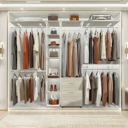 Front. Aheaplus - 96 Inch Freestanding Closet Organizer, All-in-One Closet System with 3 Drawers, 12 Shelves and 5 Hanging Rods - Beige Oak.