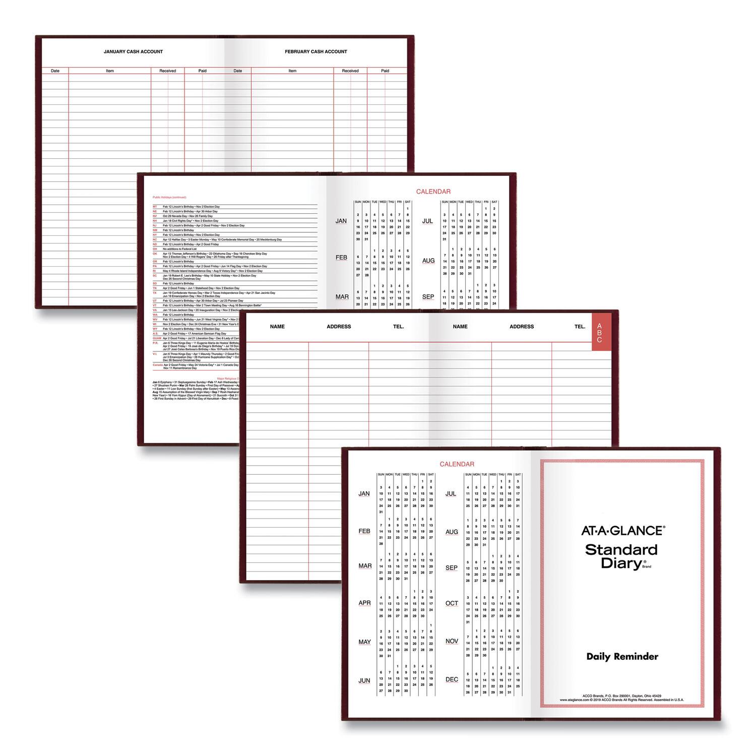 Sure, here is the corrected and grouped text from the image:

---

**JANUARY CASH ACCOUNT**

| Date | Item | Received | Paid | Date | Item | Received | Paid |

**FEBRUARY CASH ACCOUNT**

| Date | Item | Received | Paid | Date | Item | Received | Paid |

**CALENDAR**

| JAN | FEB | MAR | APR | MAY | JUN | JUL | AUG | SEP | OCT | NOV | DEC |

**NAME** | **ADDRESS** | **TEL** | **A/C**

**NAME** | **ADDRESS** | **TEL** | **A/C**

**CALENDAR**

| JAN | FEB | MAR | APR | MAY | JUN | JUL | AUG | SEP | OCT | NOV | DEC |

**AT-A-GLANCE® Standard Diary**

**Daily Reminder**

---

This text is organized based on the layout and content visible in the image.