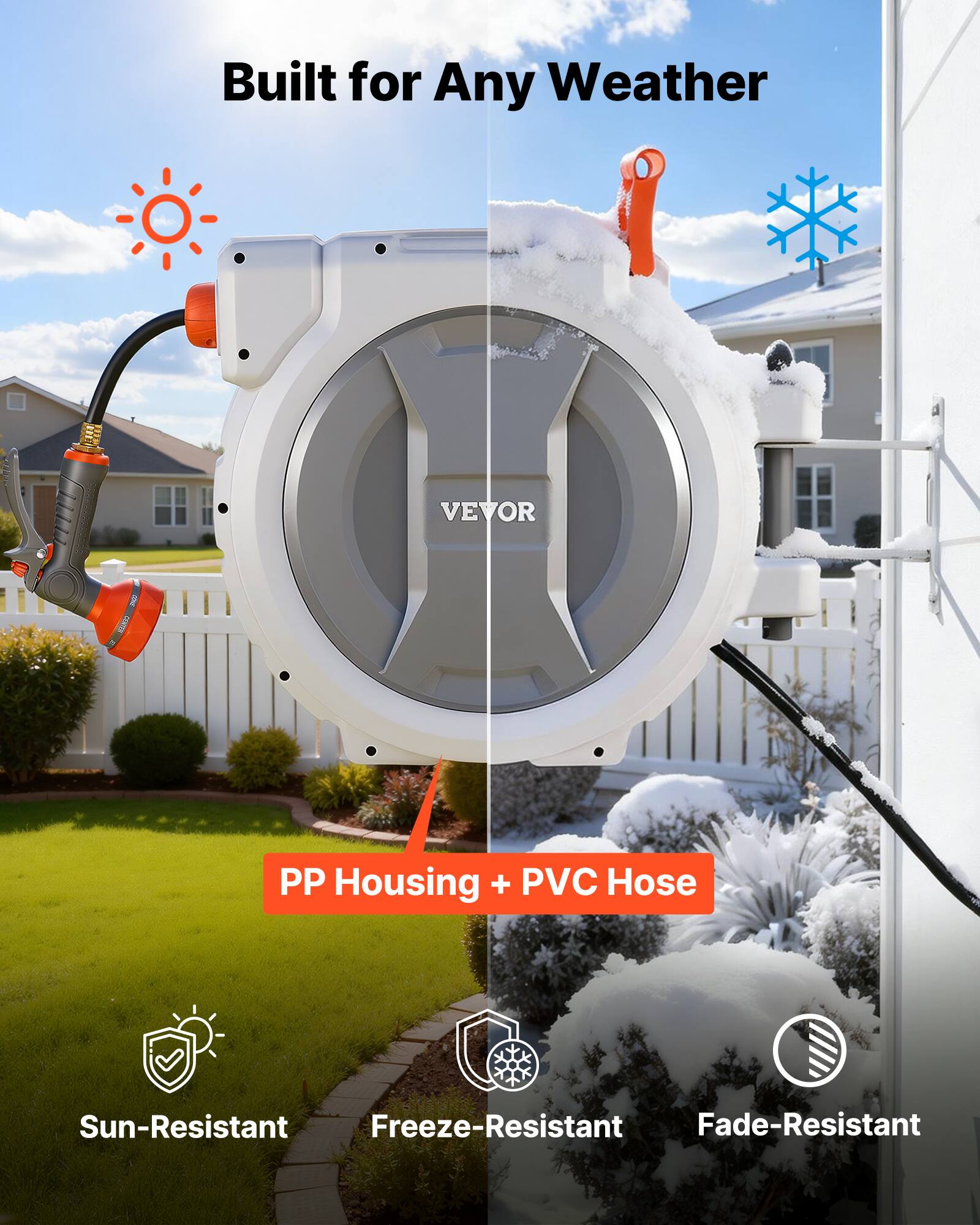 Built for Any Weather  
VEVOR  
PP Housing + PVC Hose  
Sun-Resistant  
Freeze-Resistant  
Fade-Resistant