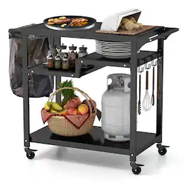 Costway - Rolling Grill Cart 3-Shelf BBQ Table Pizza Oven Stand with Trash Bag Holder & Hooks - Black