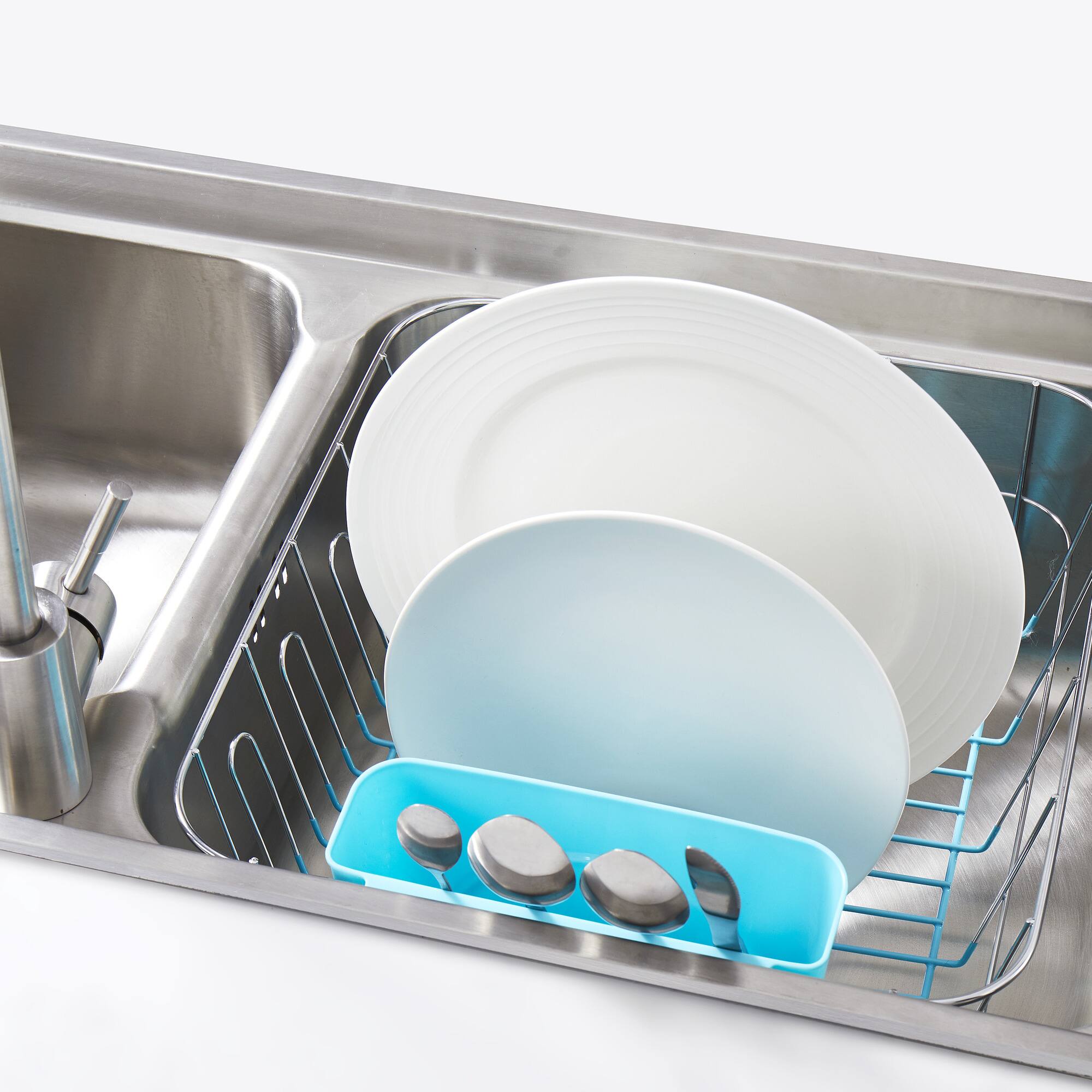 Left. Sweet Home Collection - Chrome Plated Steel 2-Piece Small Compact Dish Drainer - Turquoise.